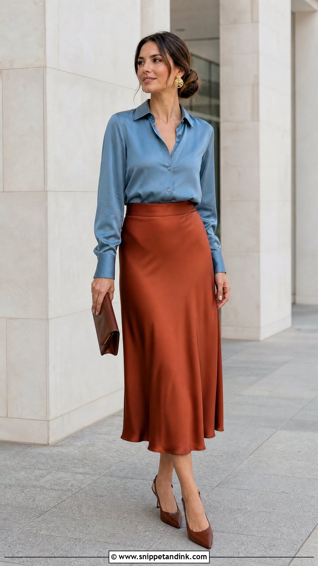 Rust Satin Skirt With Silk Button Down Shirt - Snippet and Ink - 20 Satin Skirt Outfit for Wedding Ideas