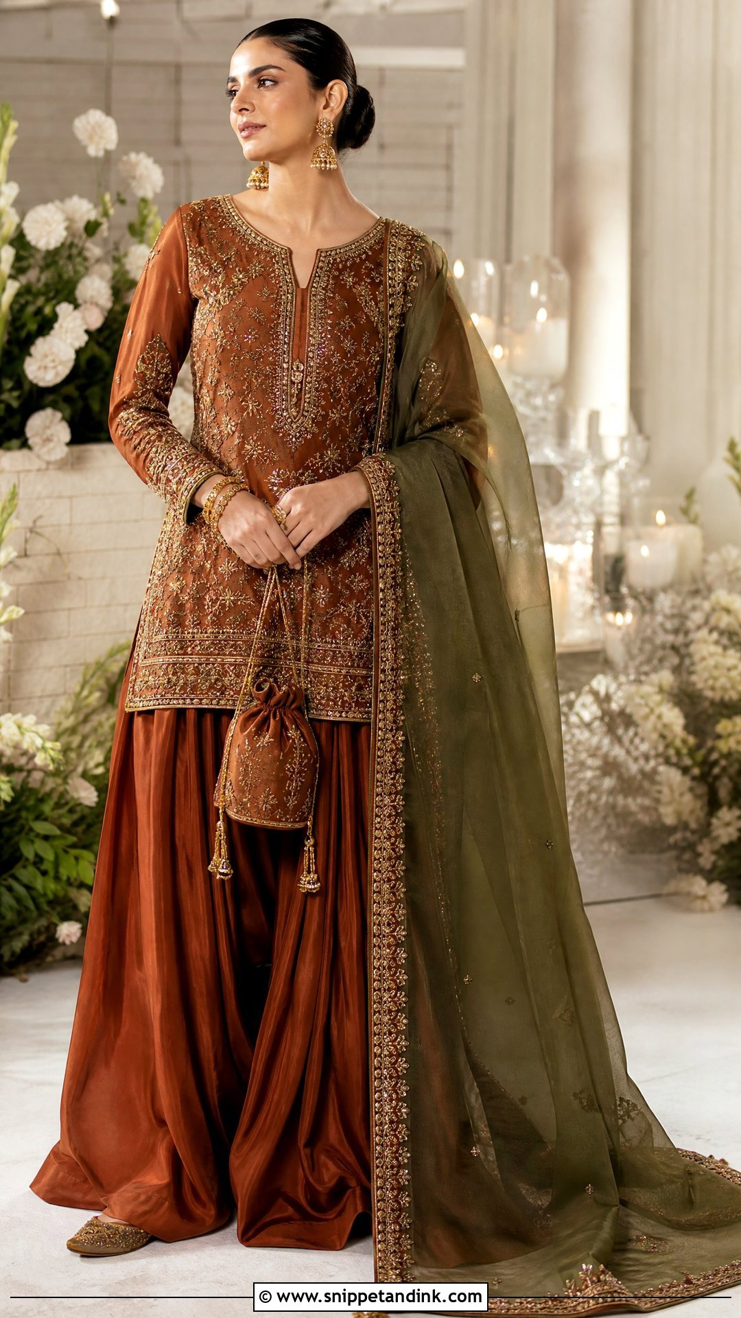 Rust Silk Farshi Shalwar Suit - Snippet and Ink - 20 Pakistani Silk Wedding Dress Ideas