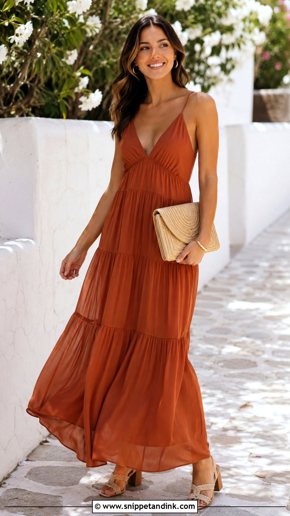 Rust Tiered Maxi Dress With Woven Sandals - Snippet and Ink - 20 Rust Dress Outfit Wedding Ideas