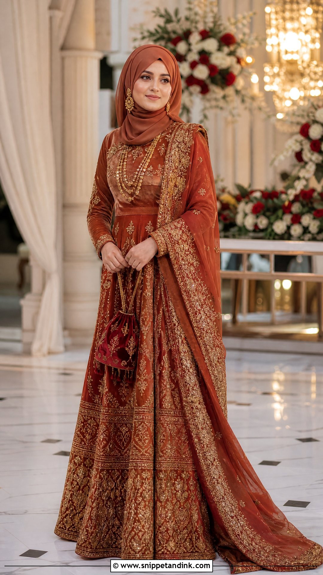 Rust Velvet Bridal Dress Hijabi Pakistani Bride - Snippet and Ink - 20 Hijabi Pakistani Bride Ideas