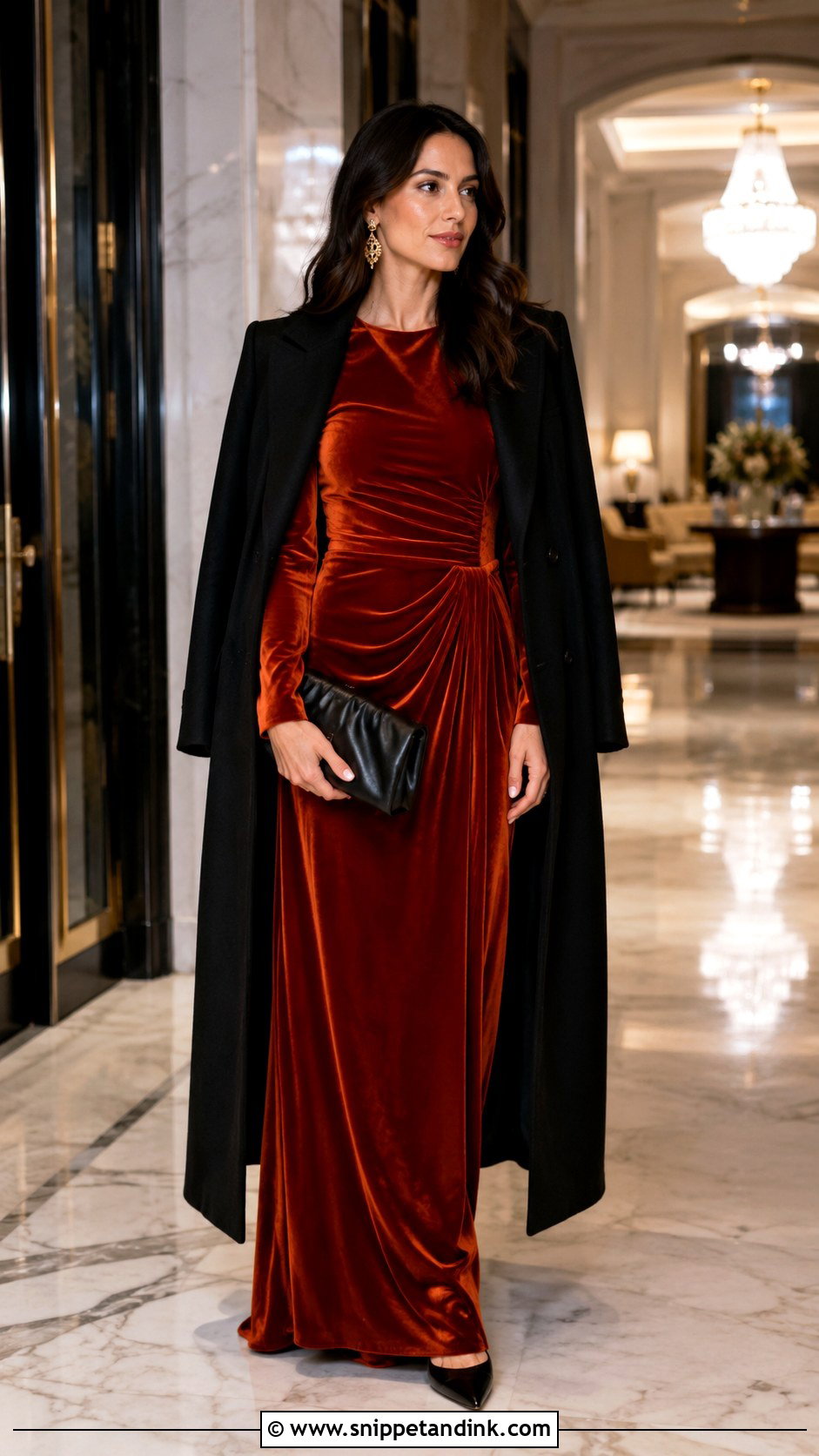 Rust Velvet Maxi Dress With Black Accessories - Snippet and Ink - 20 Rust Dress Outfit Wedding Ideas