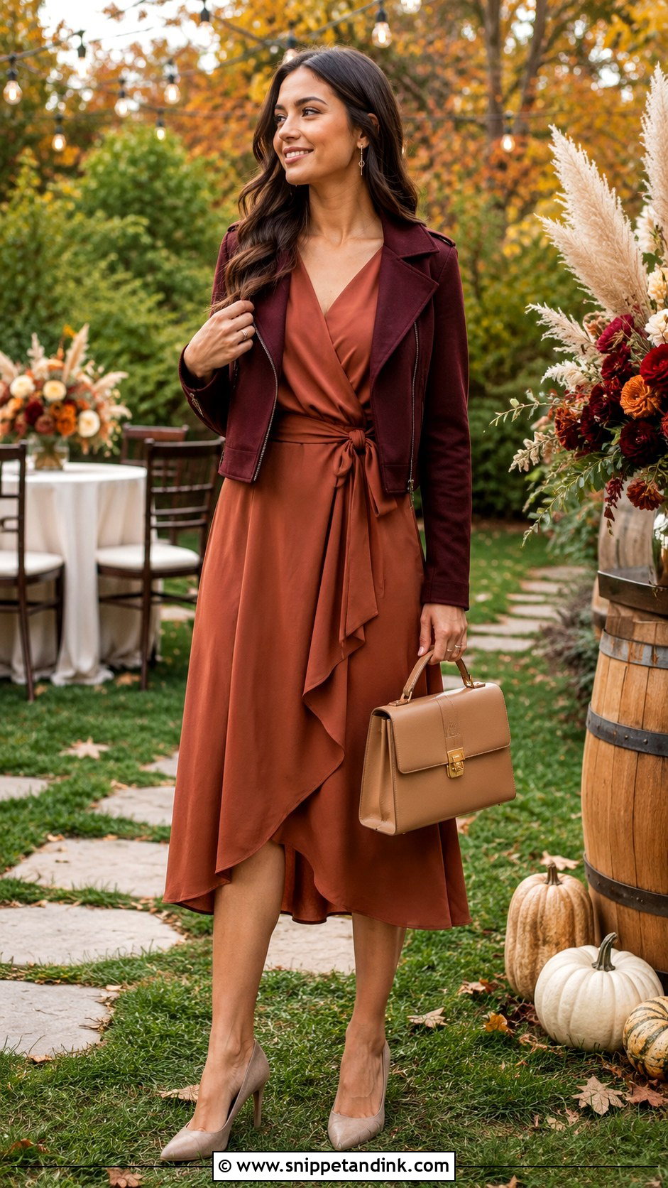 Rust Wrap Dress Fall Backyard Wedding Outfit - Snippet and Ink - 20 Backyard Wedding Outfit Ideas