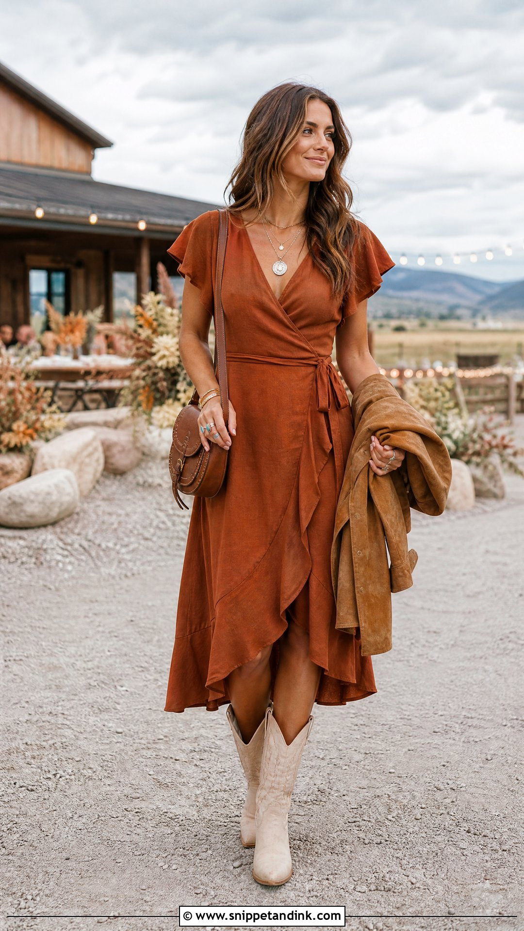 Rust Wrap Dress Western Wedding Outfit - Snippet and Ink - 20 Western Outfit for Wedding Ideas