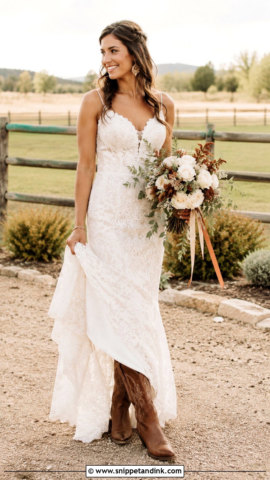 Rustic Bride Gown With Brown Cowboy Boots - Snippet and Ink - 20 Bride with Boots Ideas