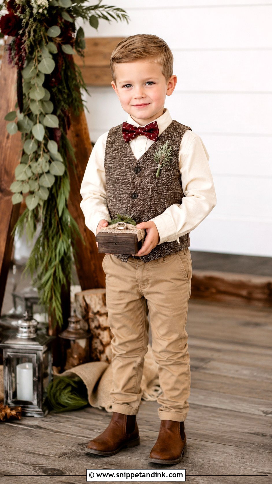 Rustic Ring Bearer Outfit With Brown Vest - Snippet and Ink - 20 Bearer Outfit Ideas
