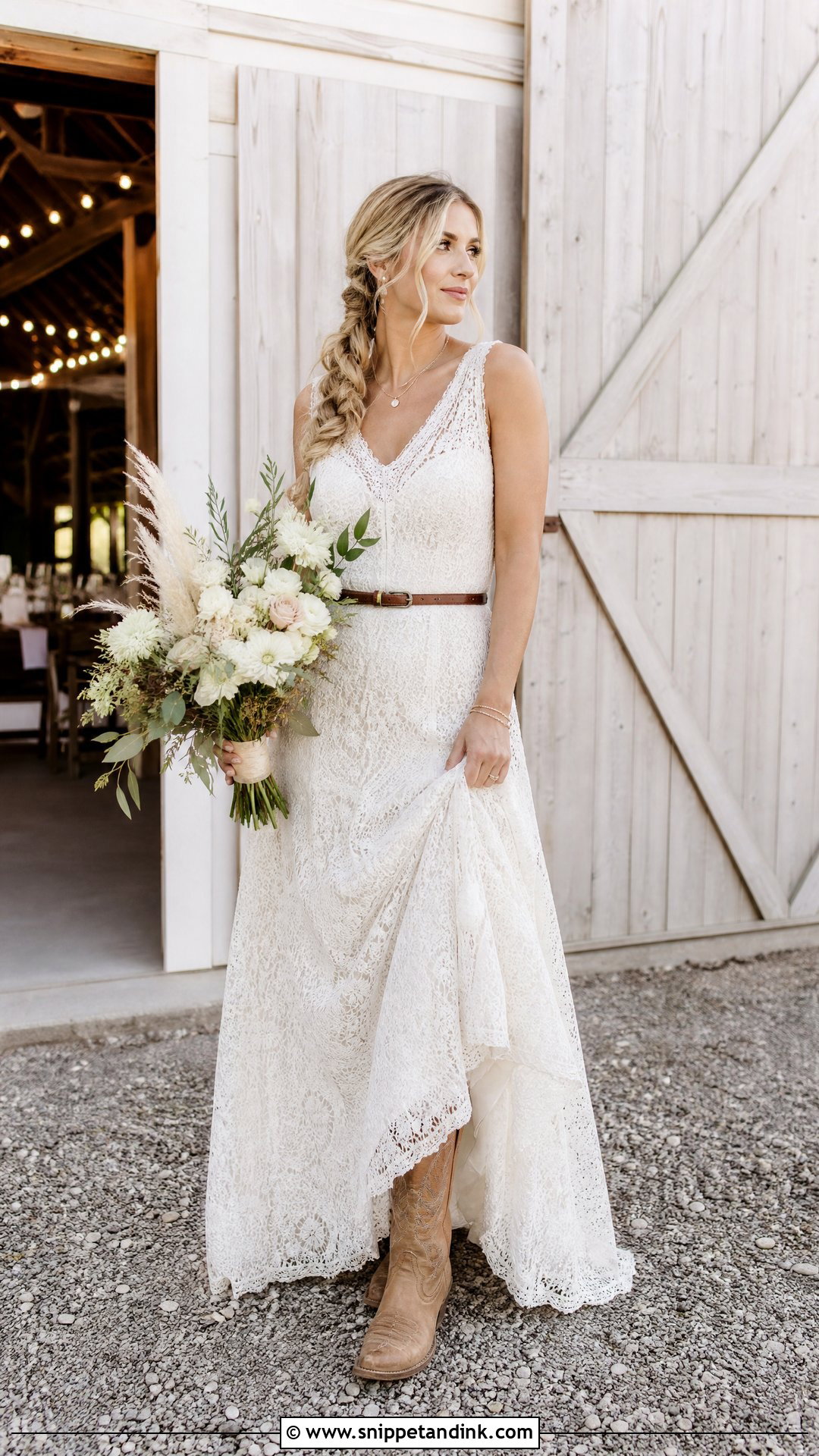 Rustic Wedding Dress With Distressed Cowboy Boots - Snippet and Ink - 20 Wedding Cowboy Boots for Bride Ideas