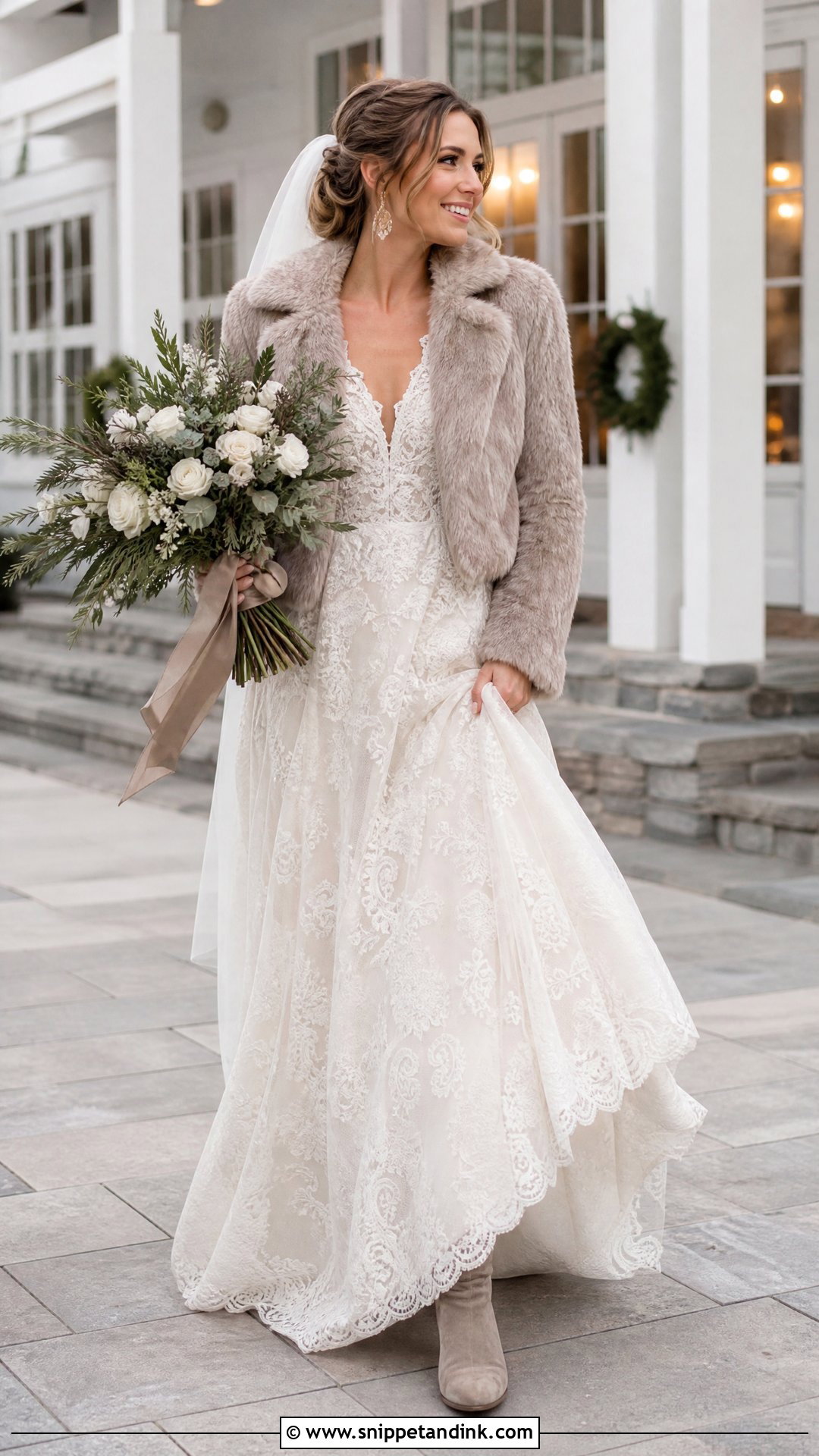 Rustic Wedding Dress With Taupe Fur Coat - Snippet and Ink - 20 Wedding Dress with Fur Coat Ideas