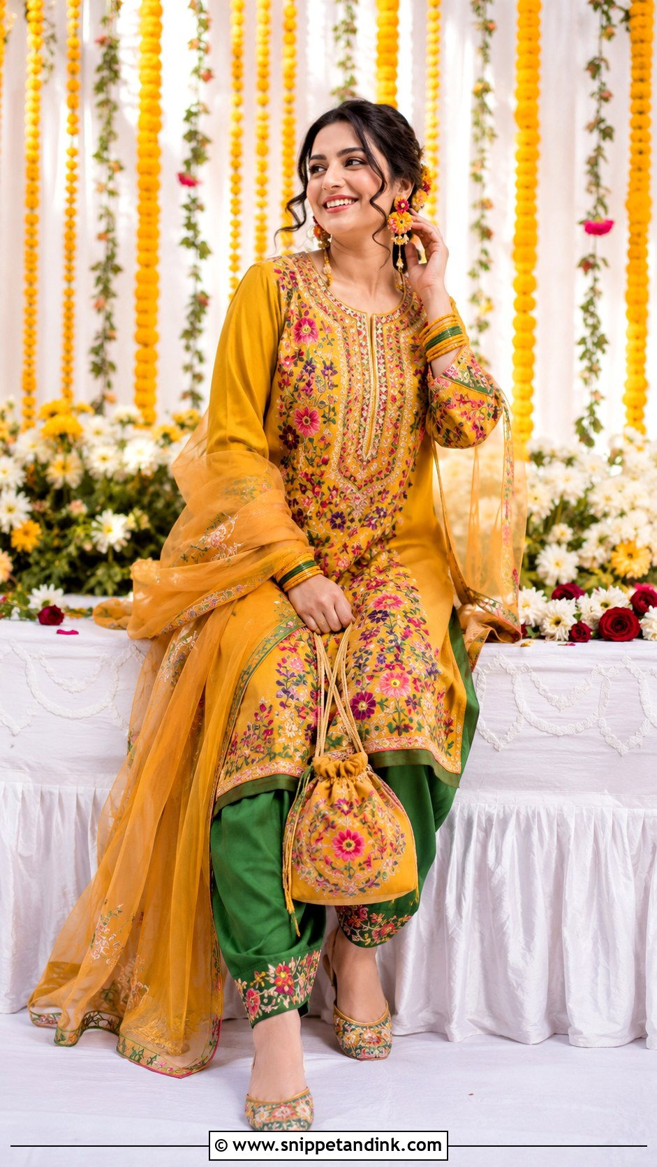 Saffron Yellow Kashmiri Mehndi Pheran - Snippet and Ink - 20 Kashmiri Wedding Dress Ideas