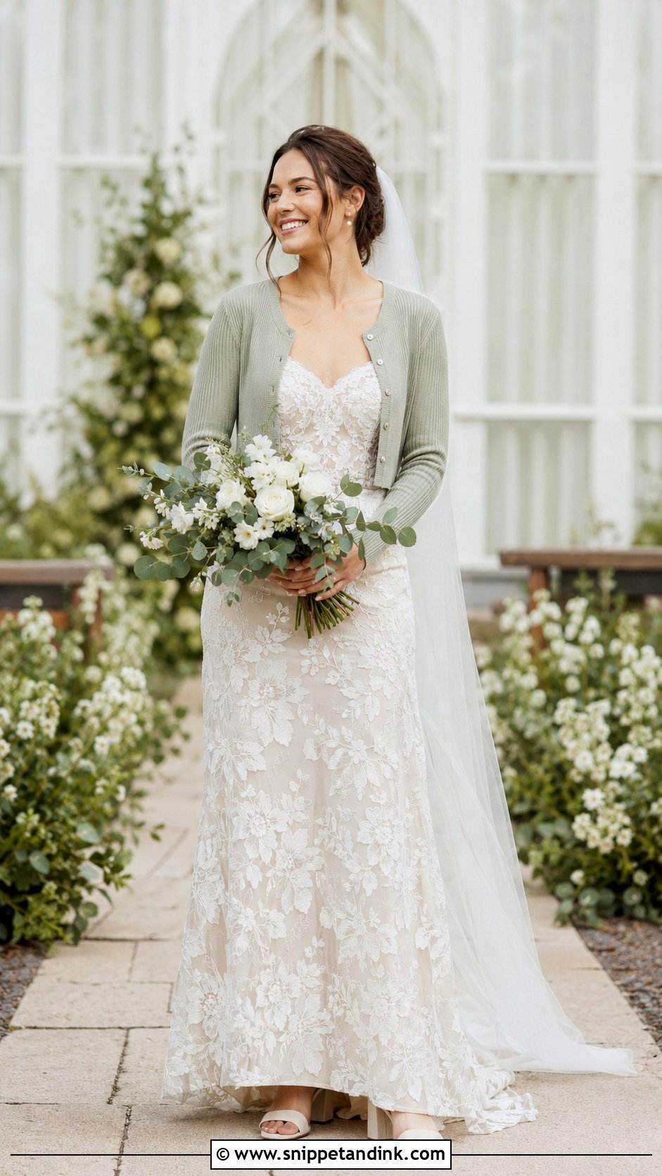Sage Bridal Cardigan With Garden Wedding Dress - Snippet and Ink - 20 Bridal Cardigan Ideas
