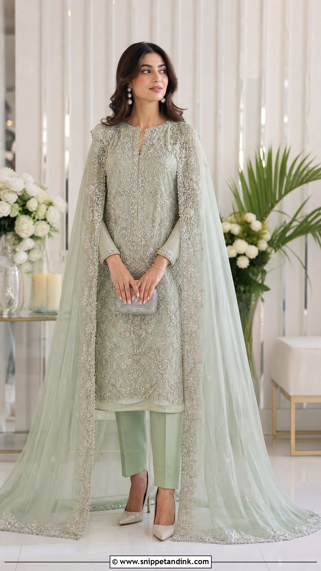 Sage Cape Pakistani Wedding Suit - Snippet and Ink - 20 Pakistani Wedding Suits