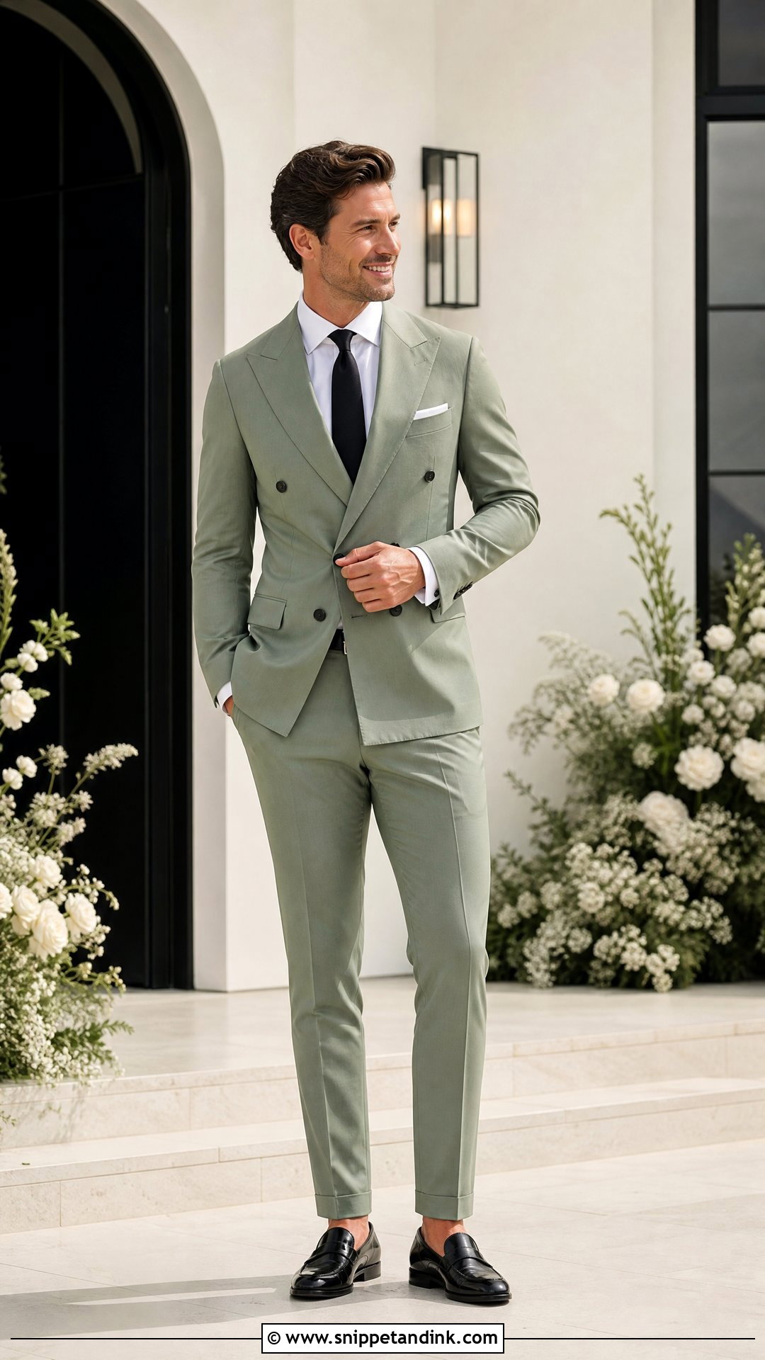 Sage Double Breasted Wedding Suit With Black Shoes - Snippet and Ink - 20 Sage Wedding Suit Ideas