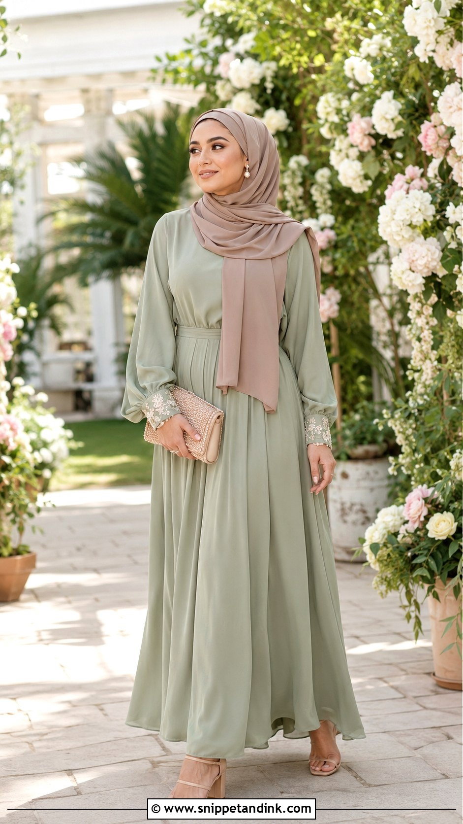 Sage Dress And Nude Hijab Garden Wedding Outfit - Snippet and Ink - 20 Hijab Outfit Wedding Ideas