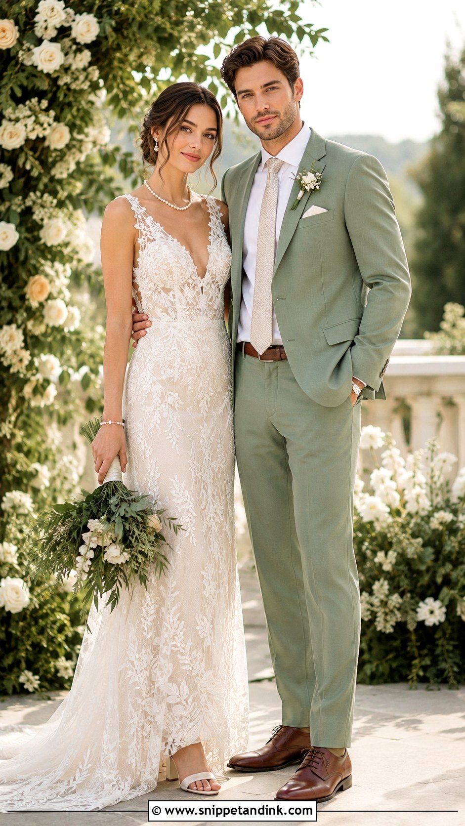 Sage Green And Ivory Couple Wedding Outfit - Snippet and Ink - 20 Couple Matching Wedding Outfits