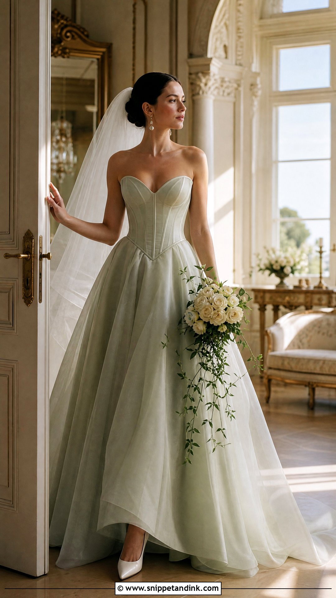Sage Green Basque Waist Wedding Dress - Snippet and Ink - 20 Pastel Green Wedding Dress Ideas