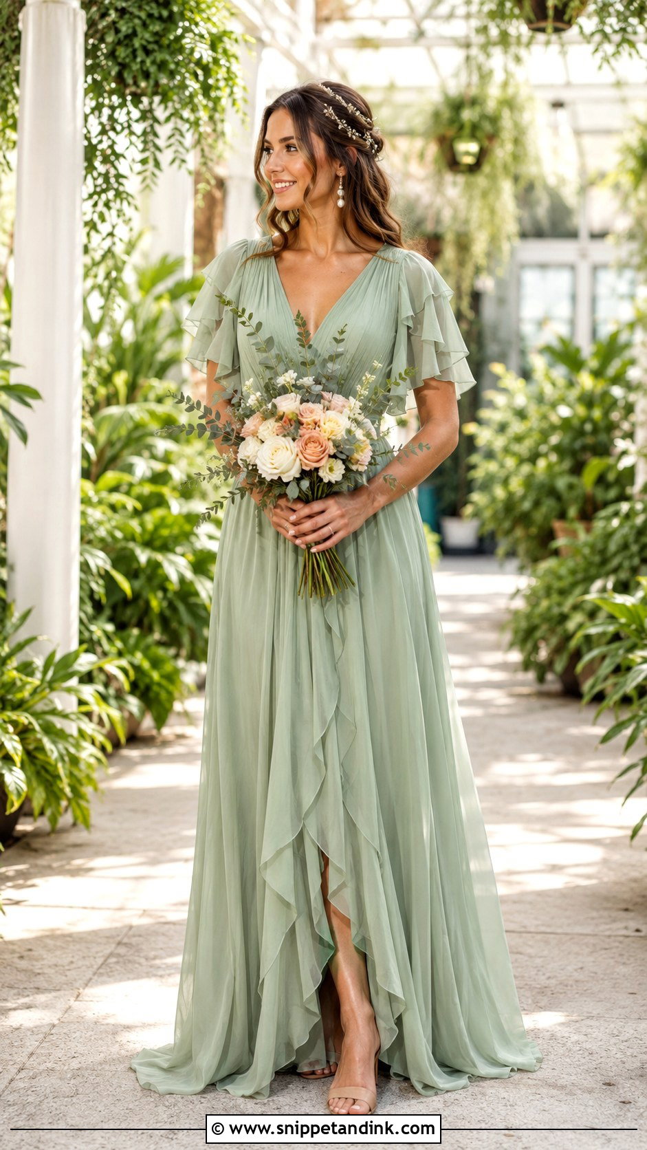 Sage Green Bohemian Wedding Dress With Chiffon Layers - Snippet and Ink - 20 Earthy Wedding Dress Bohemian Ideas