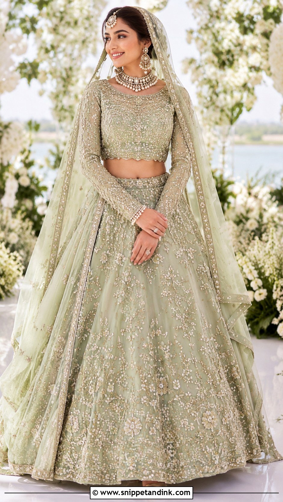 Sage Green Bridal Lehenga With Organza Dupatta - Snippet and Ink - 30 Indian Muslim Bridal Dress Ideas