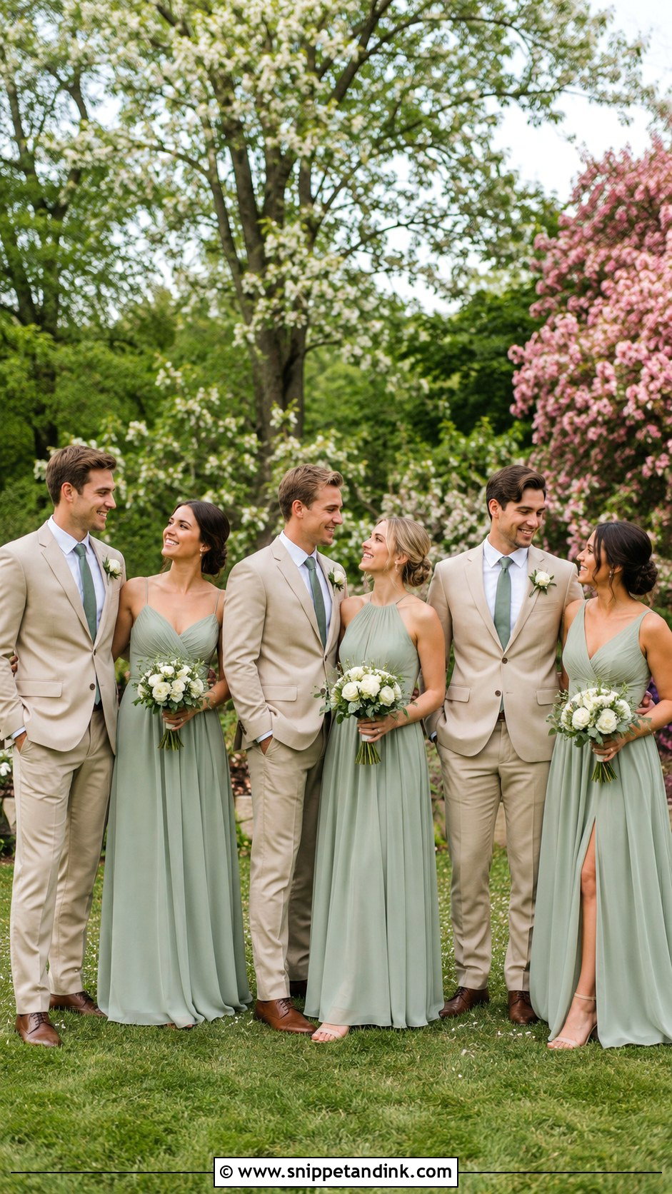 Sage Green Bridesmaid Dresses With Tan Groomsmen Suits - Snippet and Ink - 20 Green Wedding Party Attire Ideas