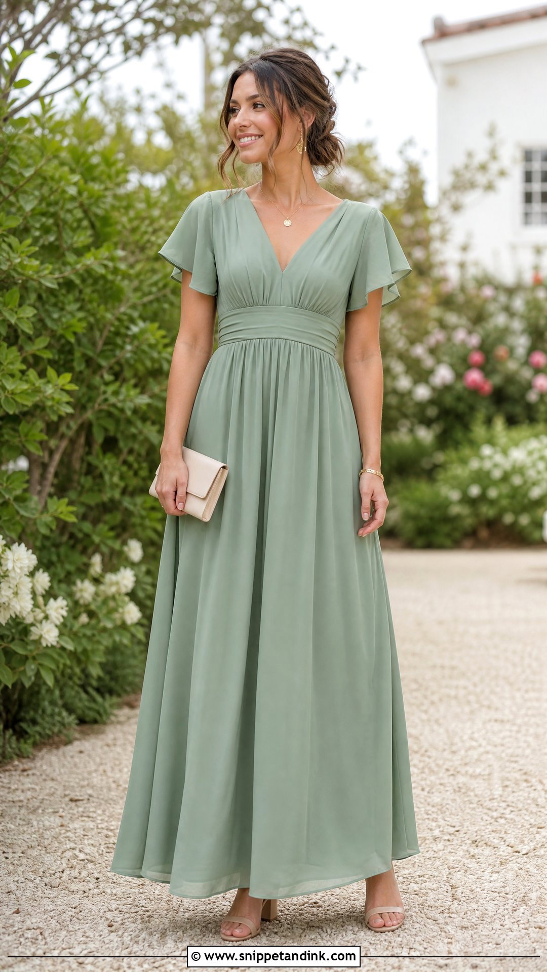 Sage Green Bridesmaid Empire Gown - Snippet and Ink - 20 Empire Gown Ideas