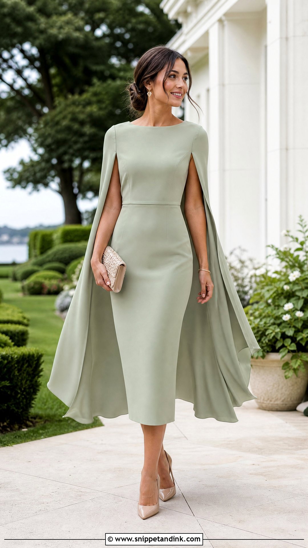 Sage Green Cape Dress Cocktail Formal Wedding Attire - Snippet and Ink - 25 Cocktail Formal Wedding Attire Ideas