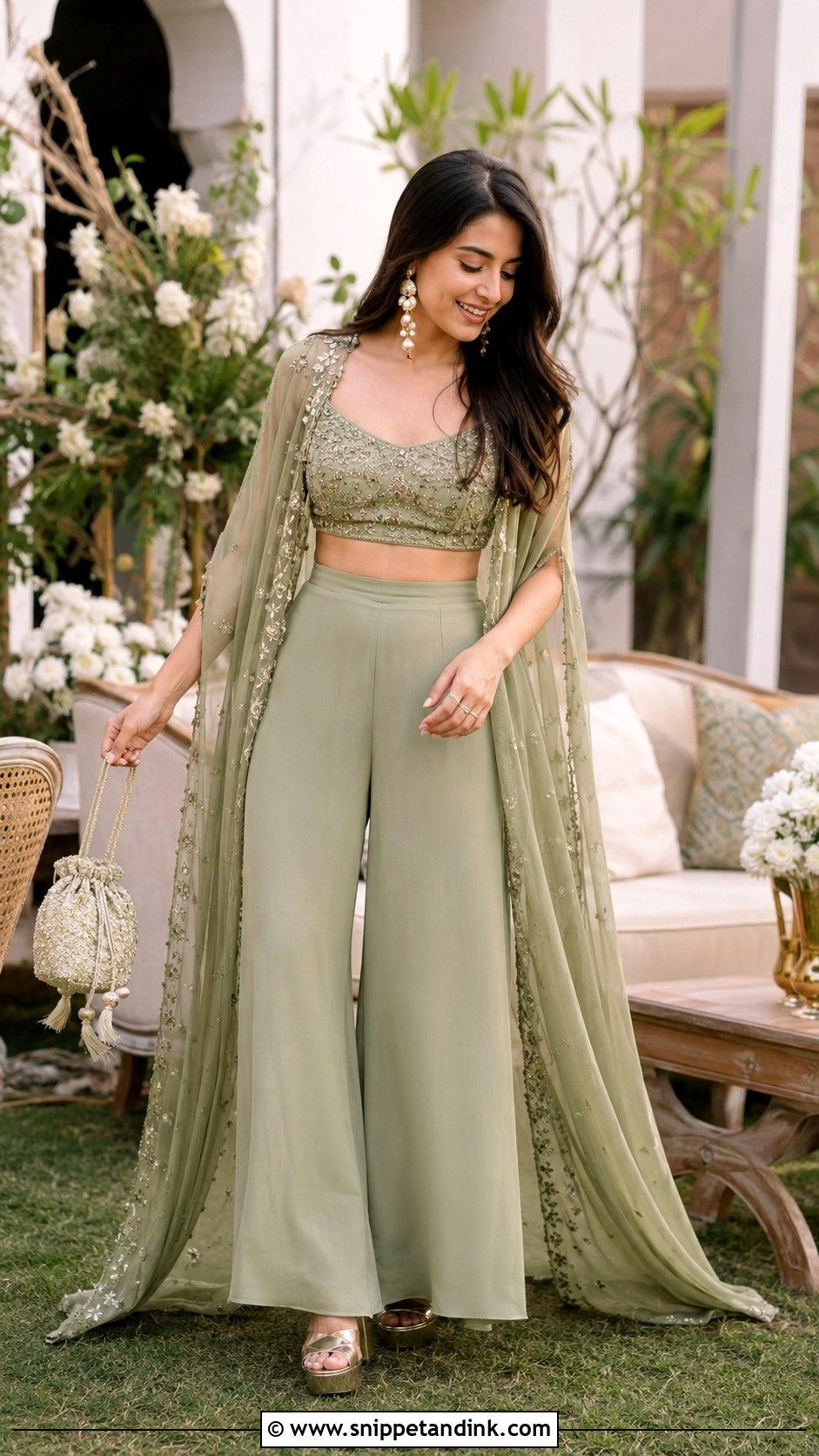 Sage Green Cape Set Mehendi Outfit - Snippet and Ink - 20 Indian Wedding Mehendi Outfits
