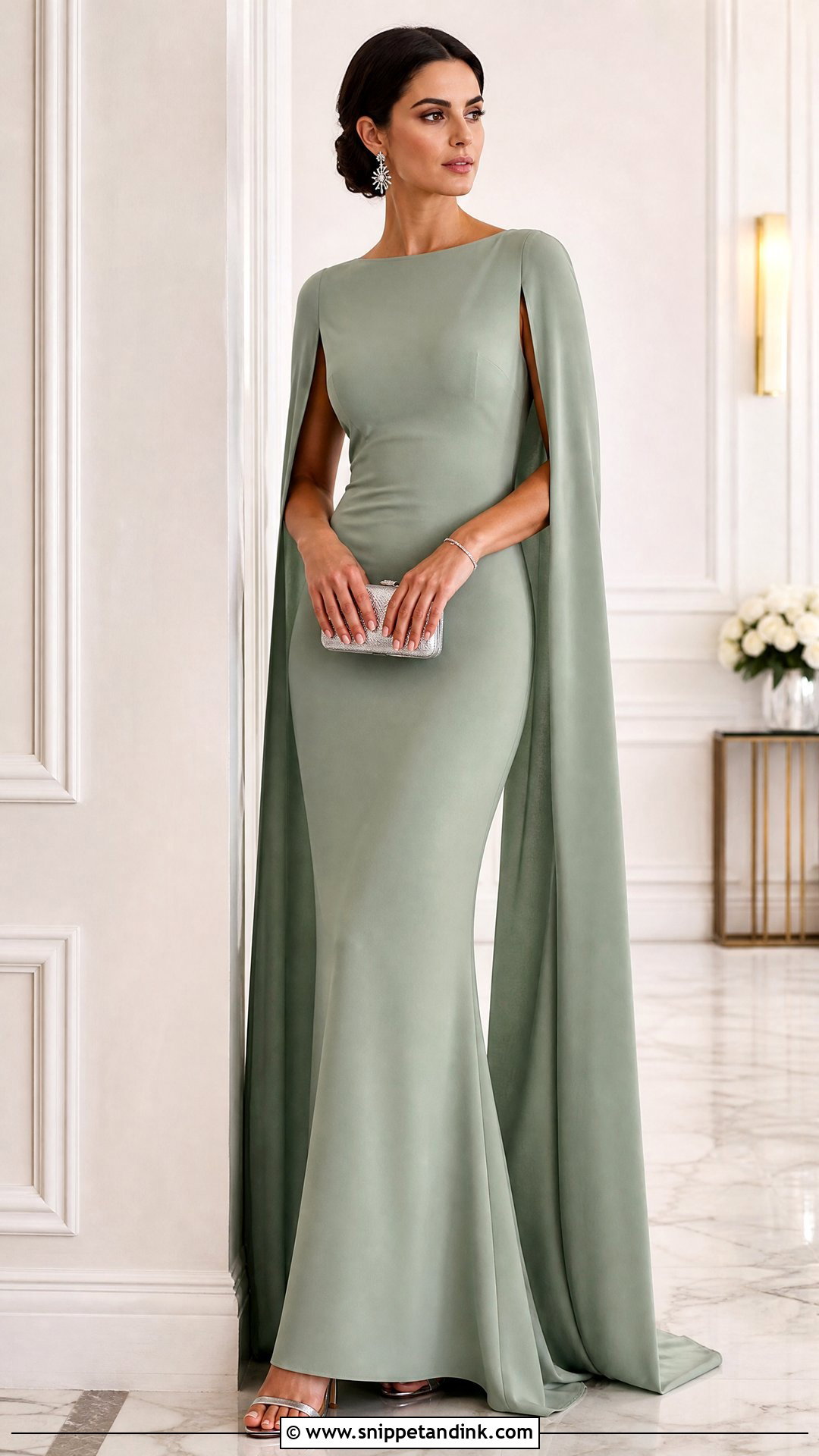 Sage Green Cape Sleeve Gown Wedding Outfit - Snippet and Ink - 20 Sage Green Wedding Outfit Ideas