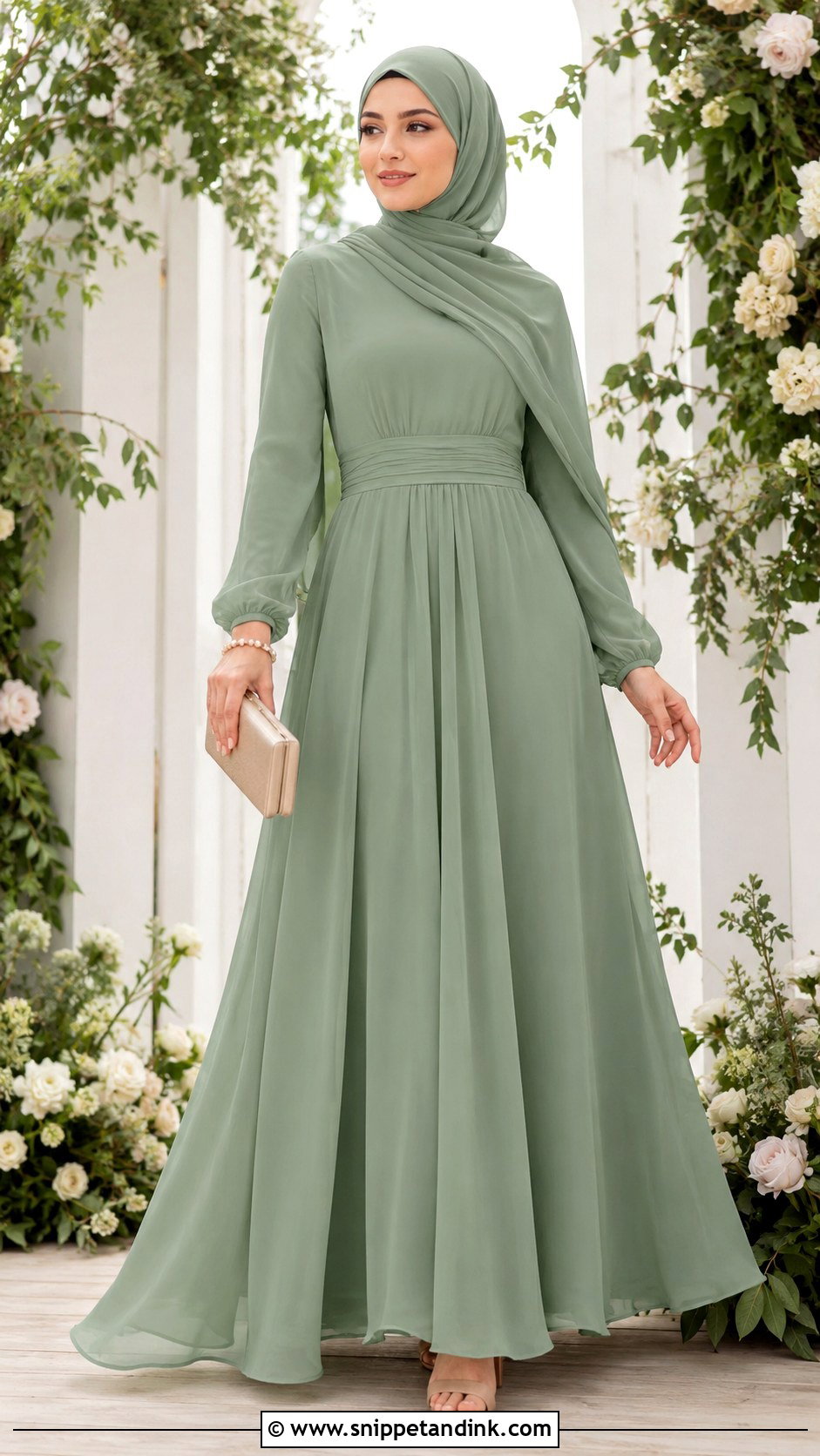 Sage Green Chiffon Bridesmaid Hijab Dress - Snippet and Ink - 20 Dress Braidsmaid Hijab Ideas