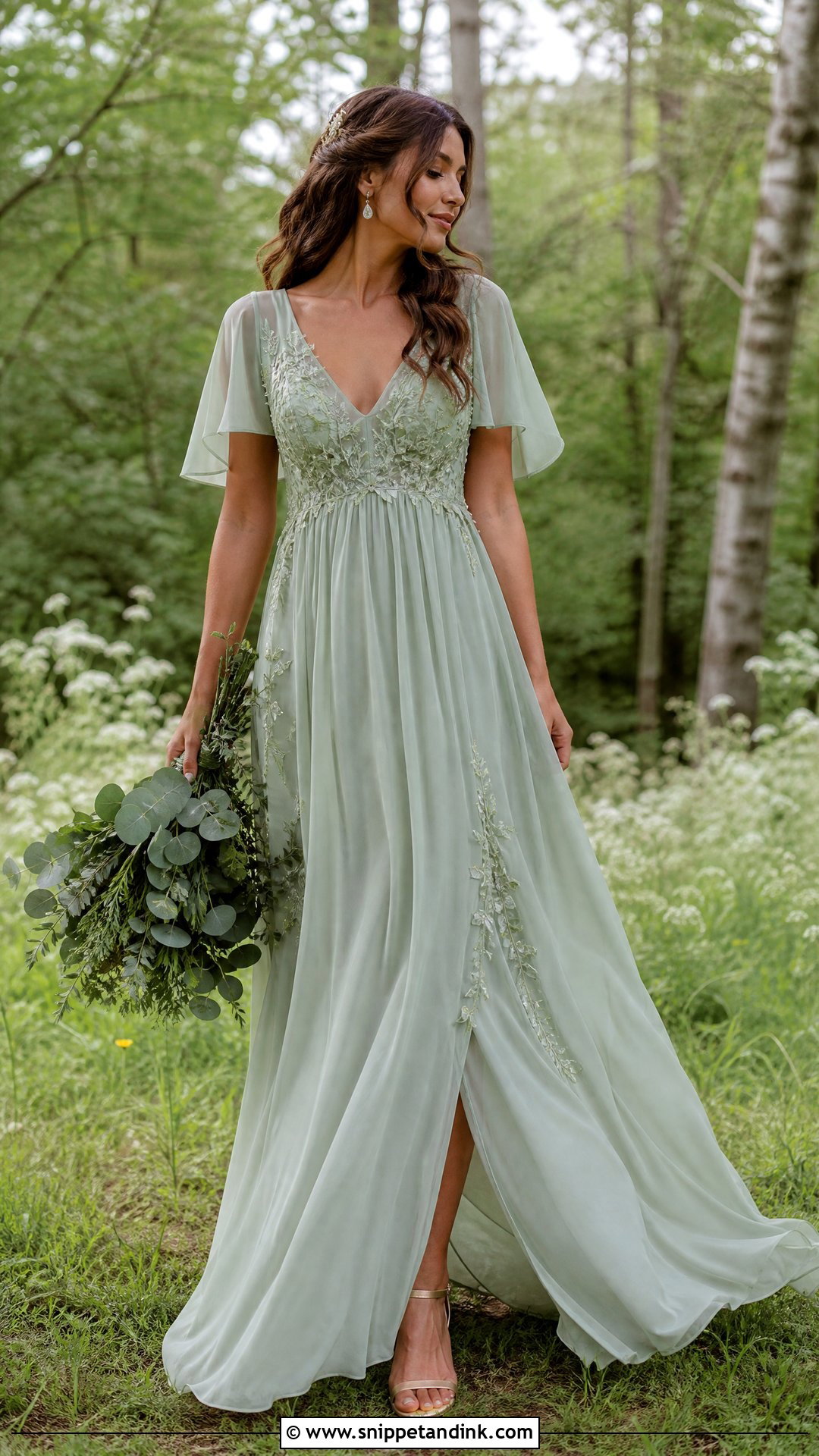 Sage Green Chiffon Wedding Dress - Snippet and Ink - 20 Earthy Wedding Dress Ideas