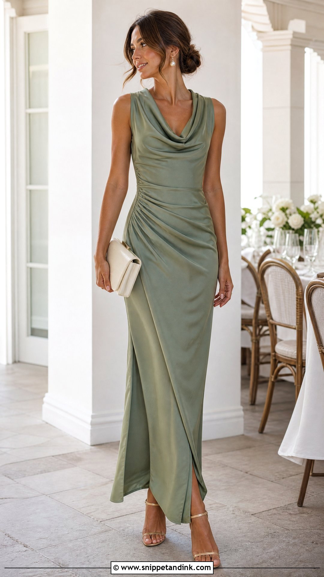 Sage Green Cowl Neck Ruched Gown - Snippet and Ink - 20 Ruched Gown Ideas