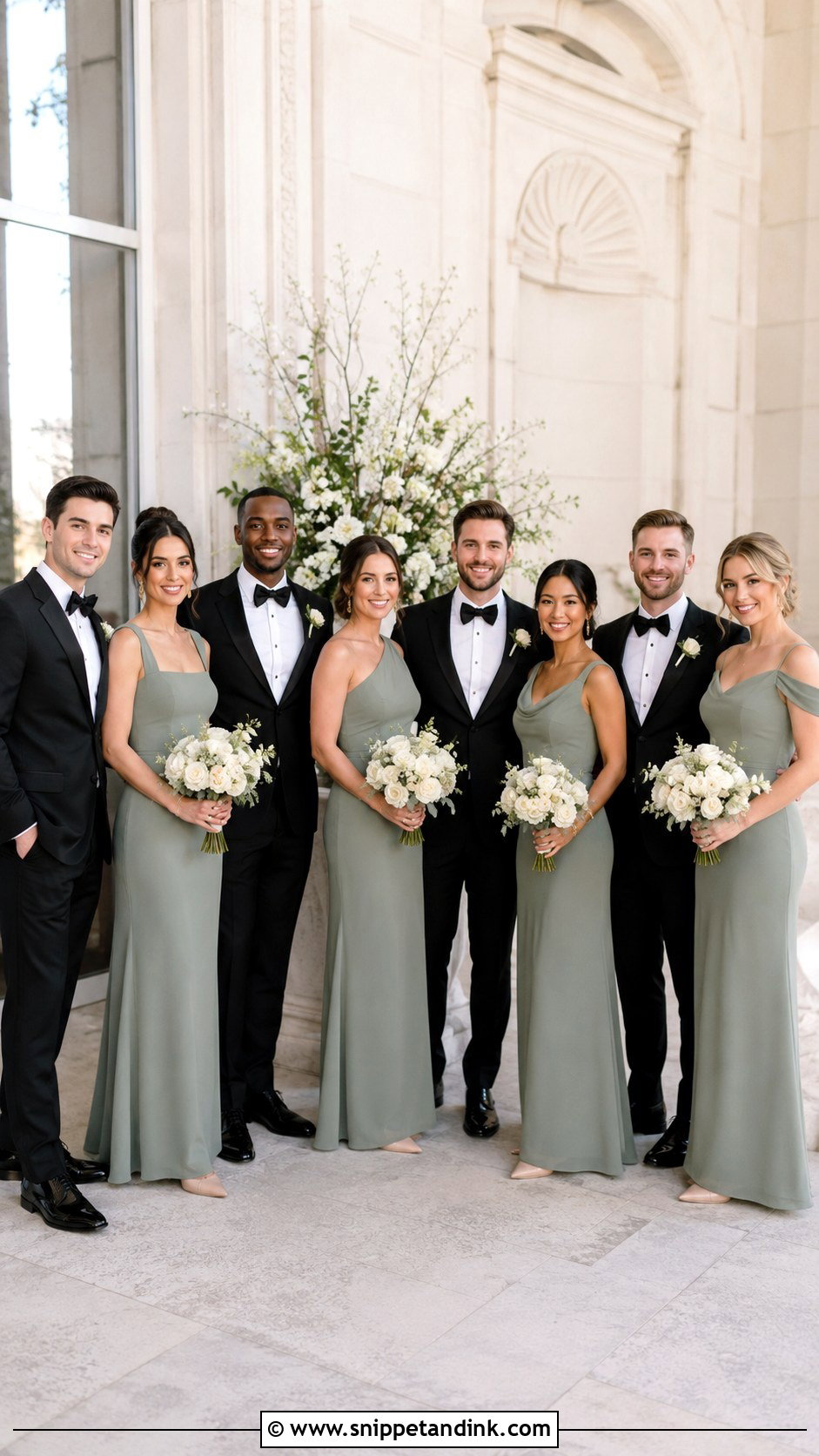 Sage Green Crepe Black Tie Bridal Party - Snippet and Ink - 20 Black Tie Bridal Party Ideas