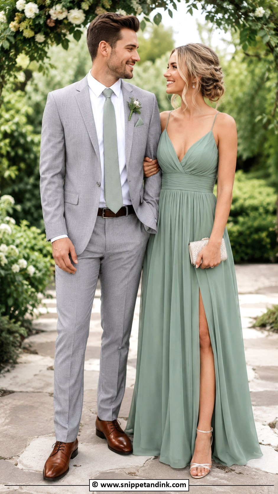 Sage Green Dress And Gray Suit Wedding Matching Outfit - Snippet and Ink - 35 Wedding Matching Outfits