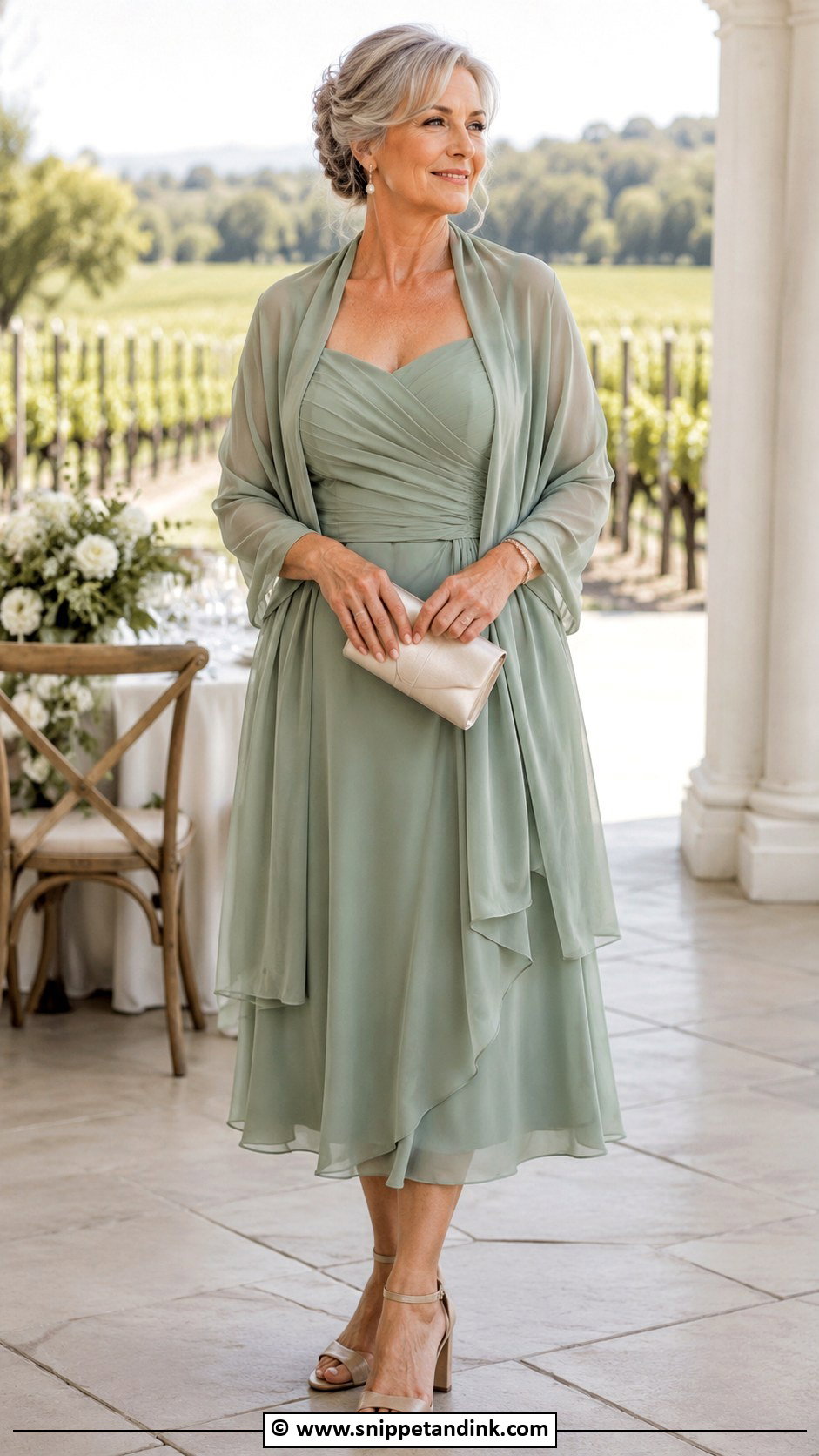 Sage Green Dress And Shawl Outfit - Snippet and Ink - 25 Grandma Wedding Outfit Ideas
