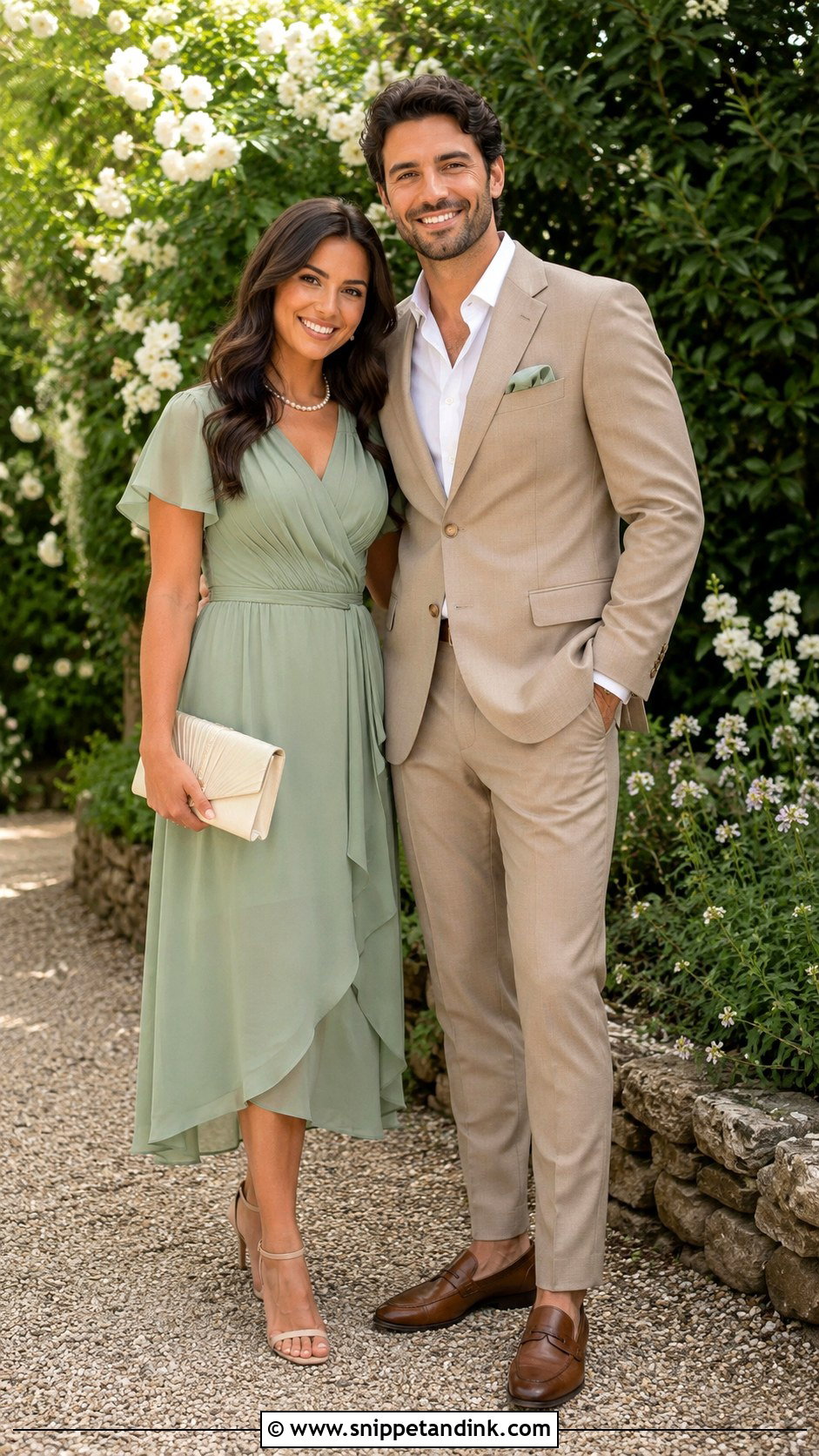 Sage Green Dress And Tan Suit Wedding Outfit - Snippet and Ink - 25 Couple Contrast Outfits for Wedding