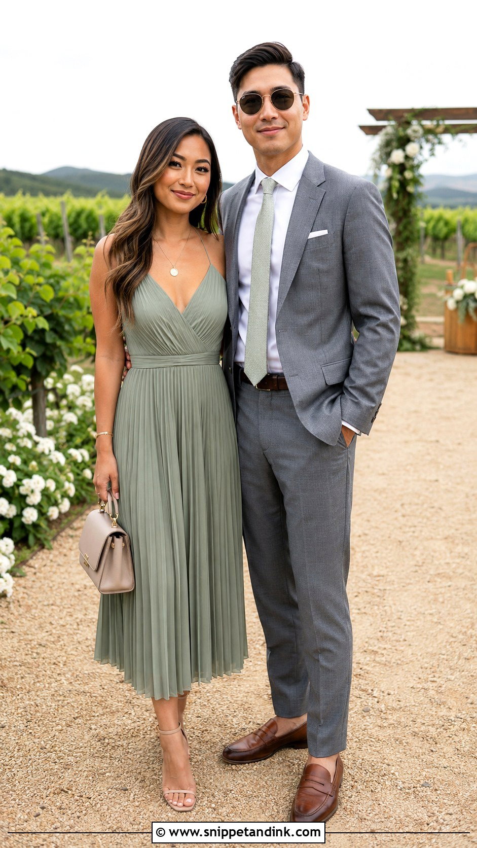 Sage Green Dress and Gray Suit Wedding Couple Outfit - Snippet and Ink - 20 Matching Couple Outfits for Wedding