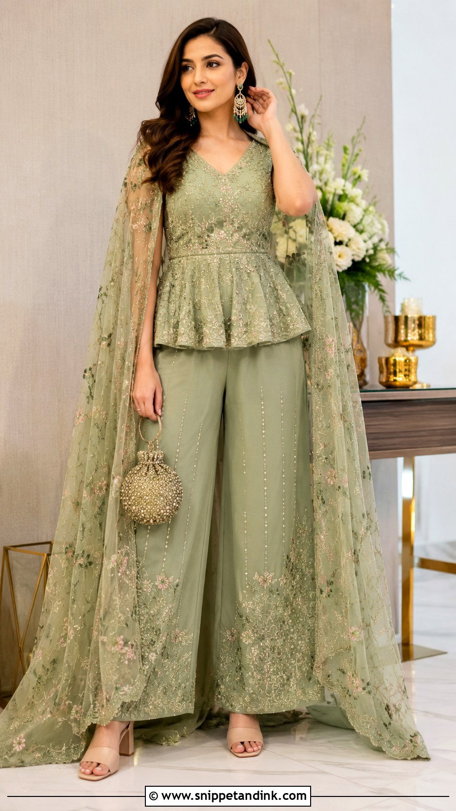 Sage Green Embroidered Co Ord Set For Mehndi Night - Snippet and Ink - 20 Mehndi Night Outfit Ideas
