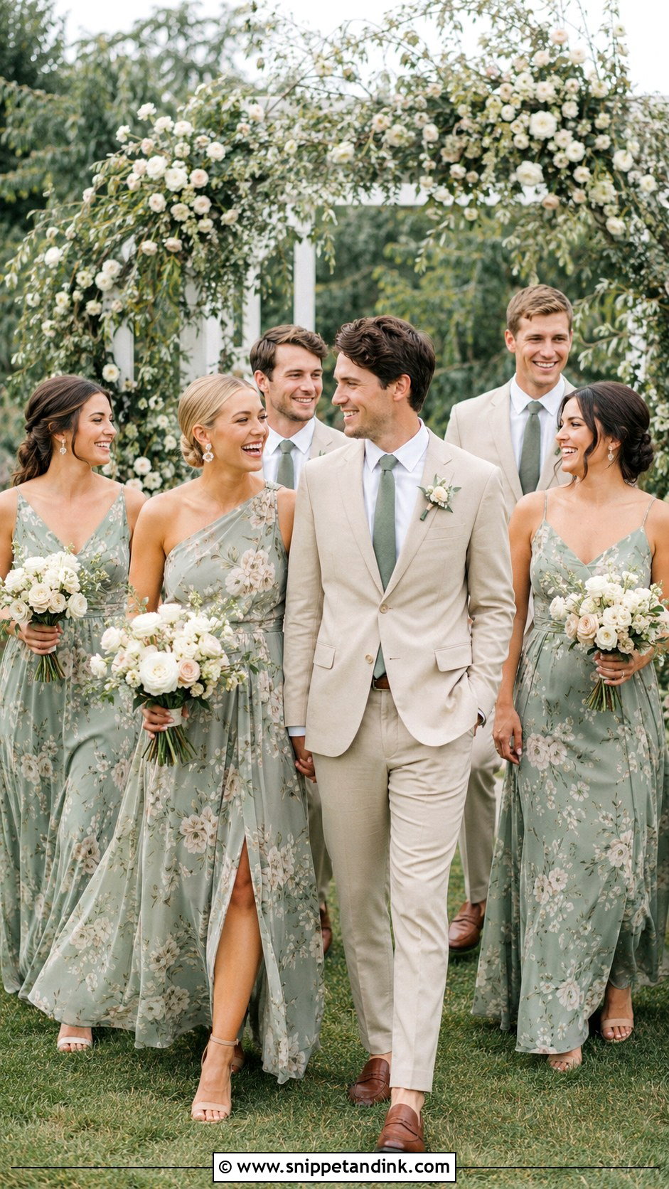 Sage Green Floral Dresses With Khaki Suits - Snippet and Ink - 20 Green Wedding Party Attire Ideas