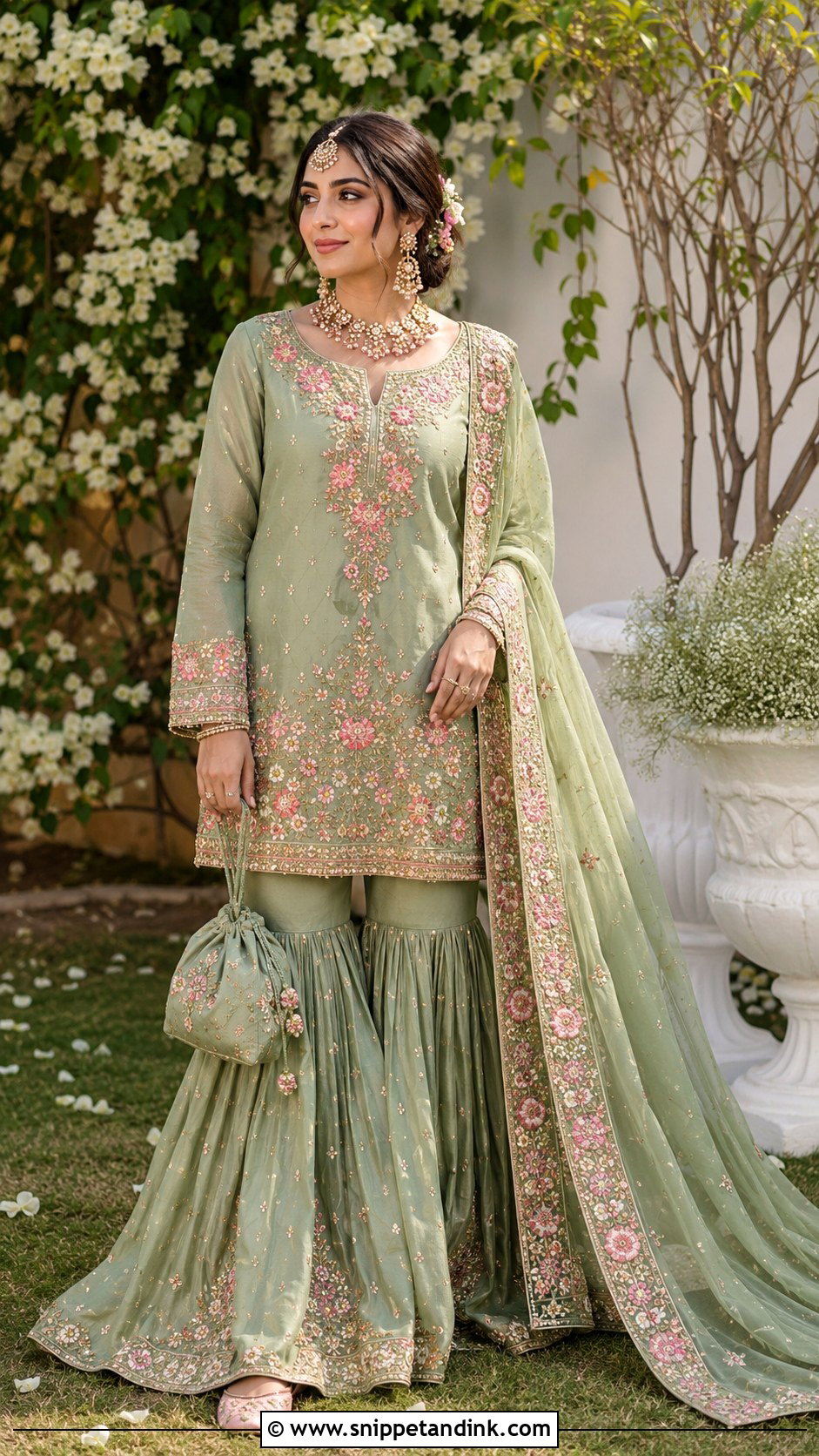 Sage Green Floral Garara Bridal Dress - Snippet and Ink - 20 Garara Bridal Dress Ideas