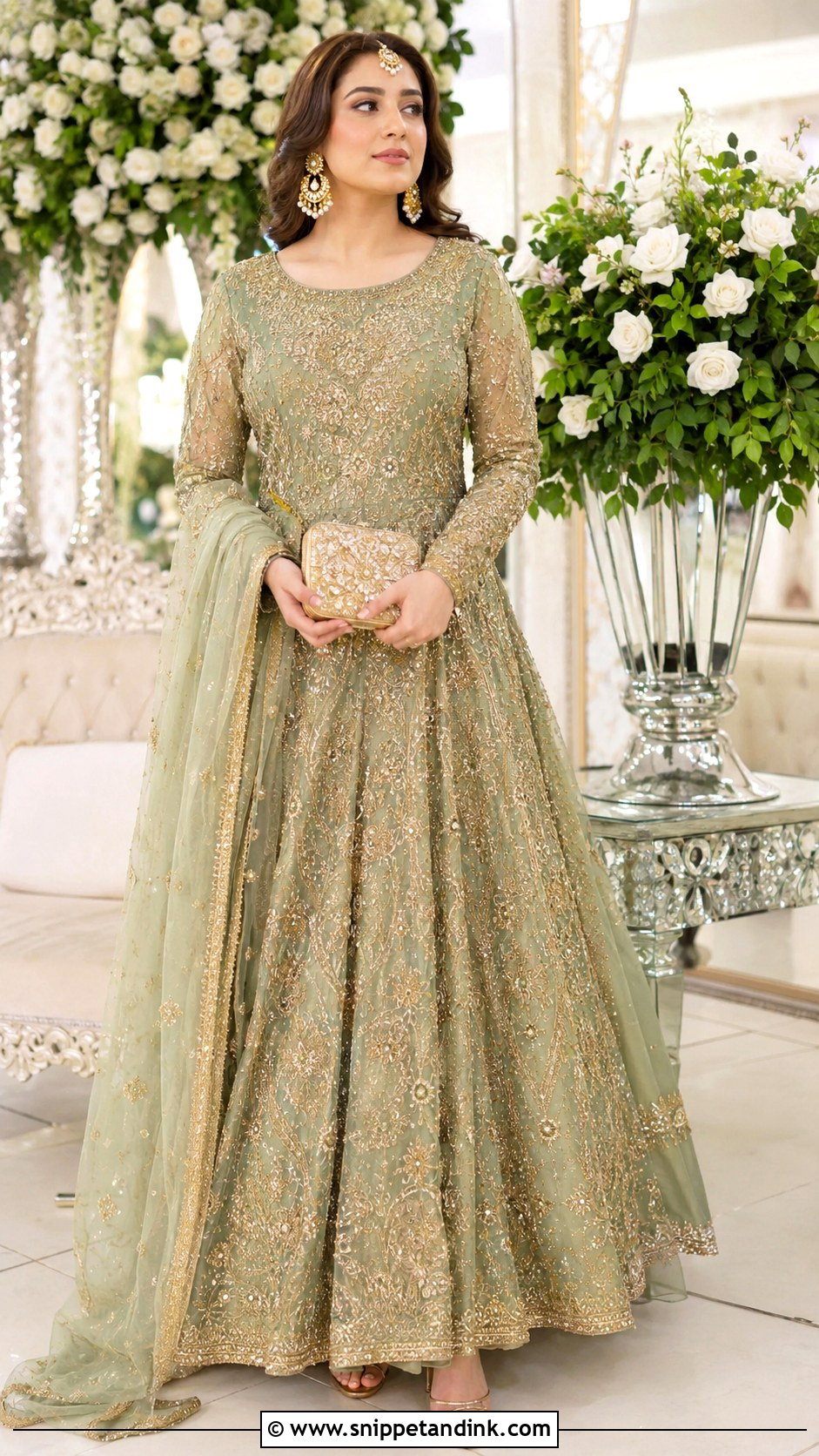 Sage Green Gold Walima Maxi Dress - Snippet and Ink - 20 Bridal Walima Maxi Dress Pakistani Ideas
