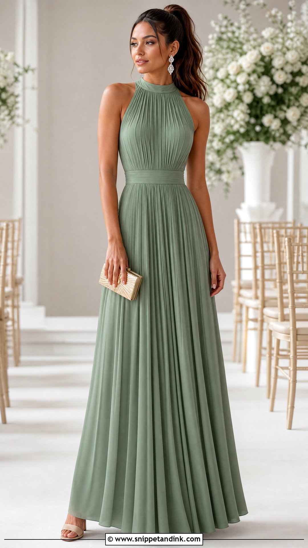 Sage Green High Neck Pleated Maid of Honor Dress - Snippet and Ink - 20 Sage Green Maid of Honor Dress Ideas