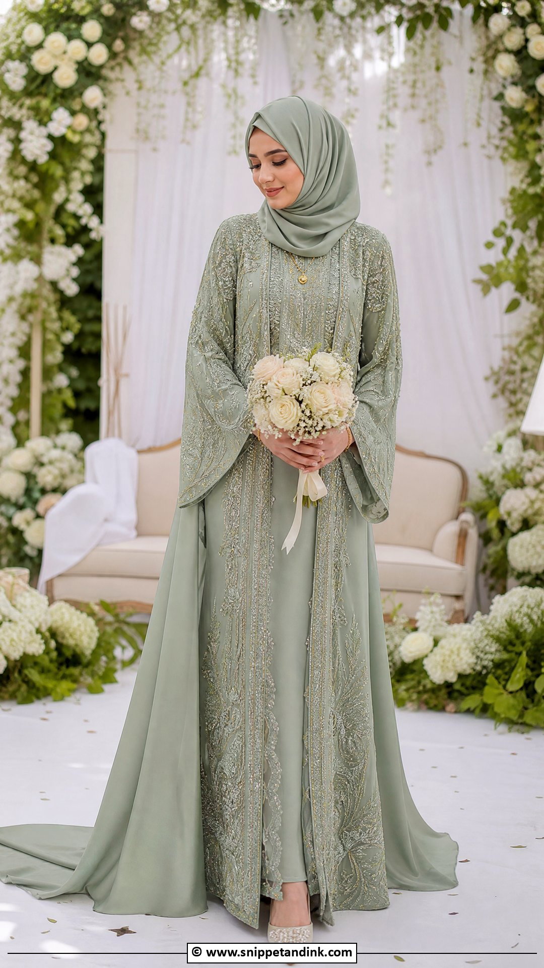 Sage Green Hijab Bride Outfit - Snippet and Ink - 35 Hijab Bride Ideas