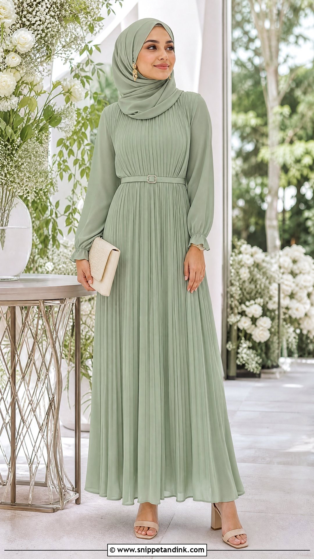 Sage Green Hijab Formal Dress With Belt - Snippet and Ink - 25 Hijab Formal Dress Ideas
