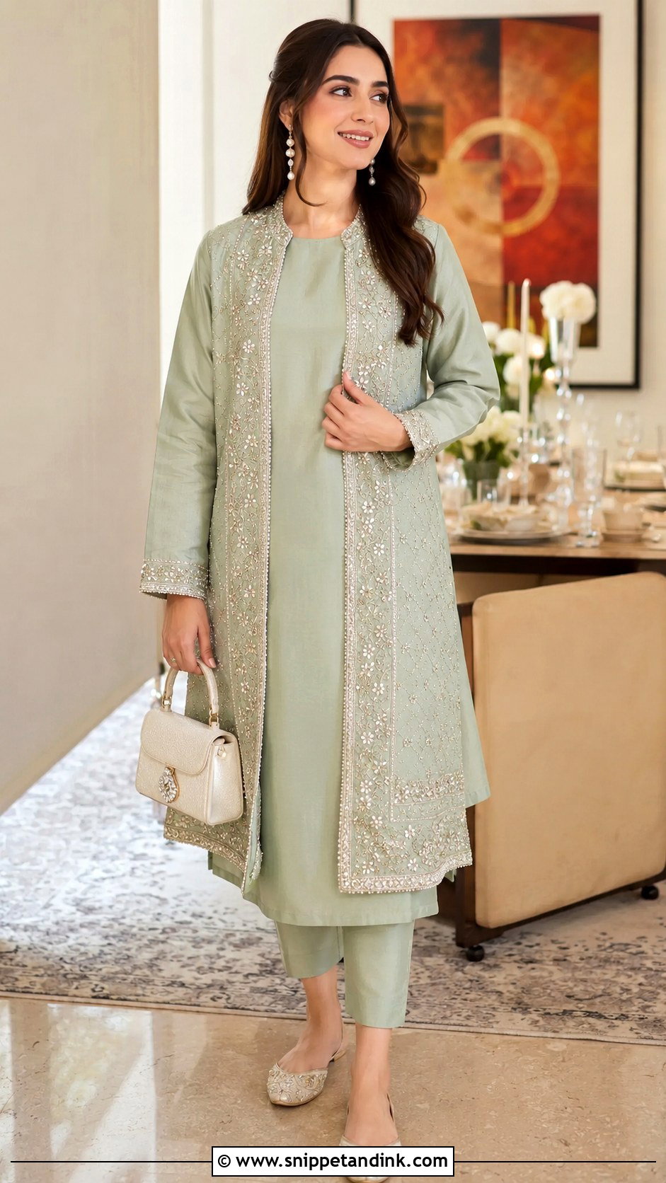 Sage Green Jacket Kurta Roka Outfit - Snippet and Ink - 20 Indian Roka Outfits