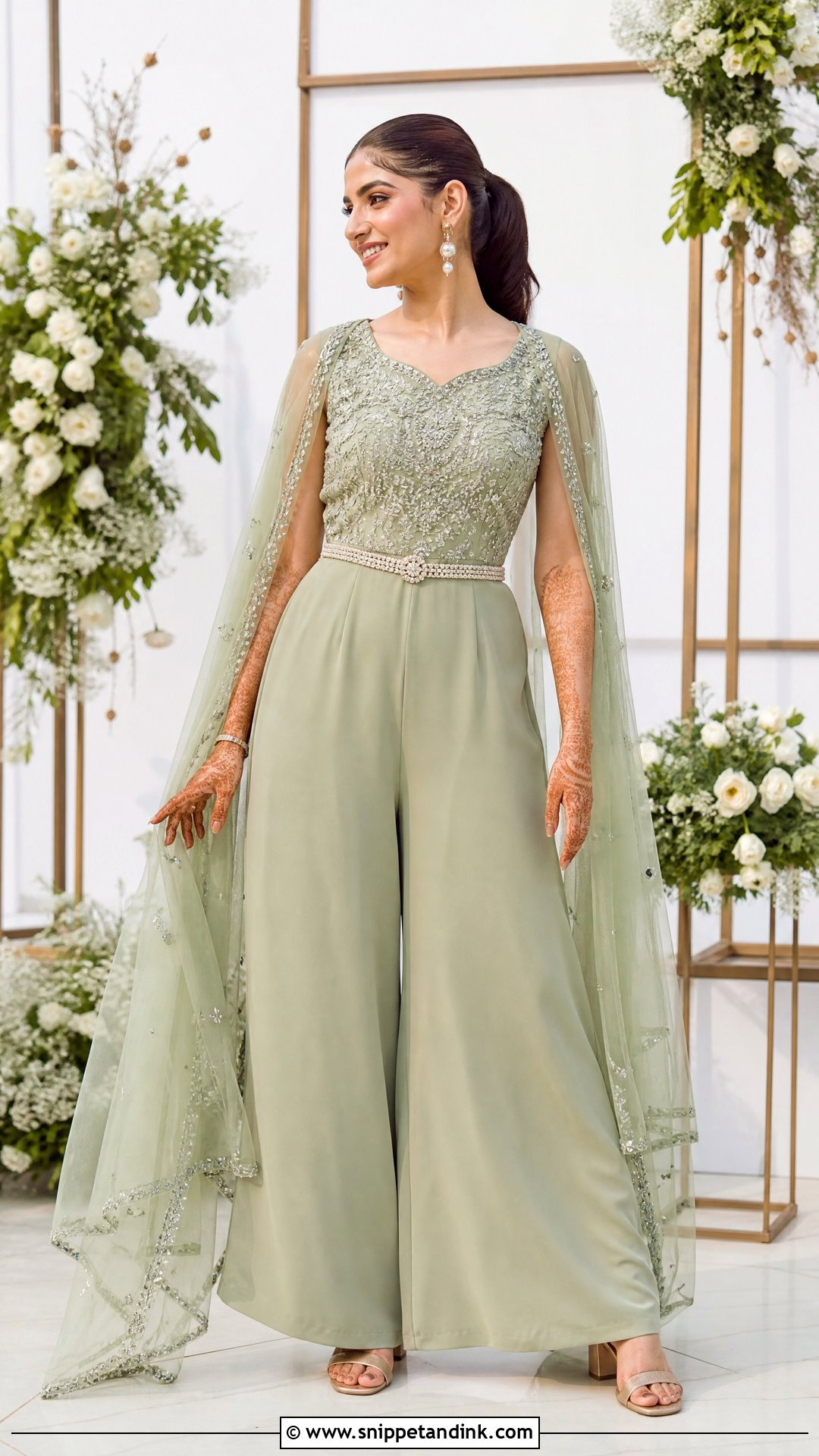 Sage Green Jumpsuit Mehendi Outfit - Snippet and Ink - 20 Indian Bridal Mehendi Outfits