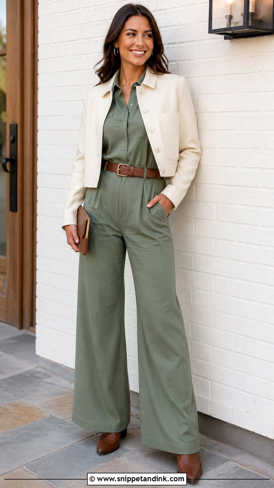Sage Green Jumpsuit With Western Ankle Boots - Snippet and Ink - 20 Western Rehearsal Dinner Outfit Ideas