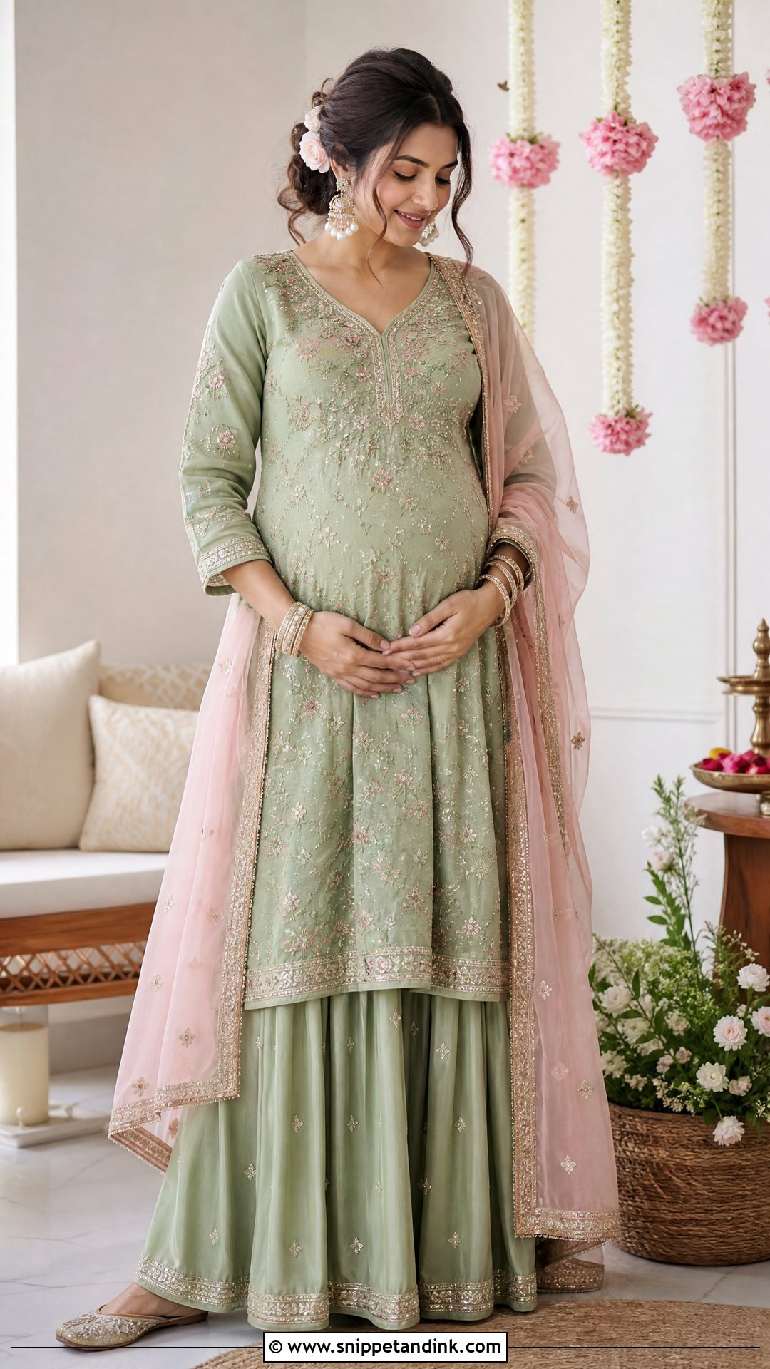 Sage Green Kurta Skirt Godbharai Look - Snippet and Ink - 25 Godbharai Look Ideas