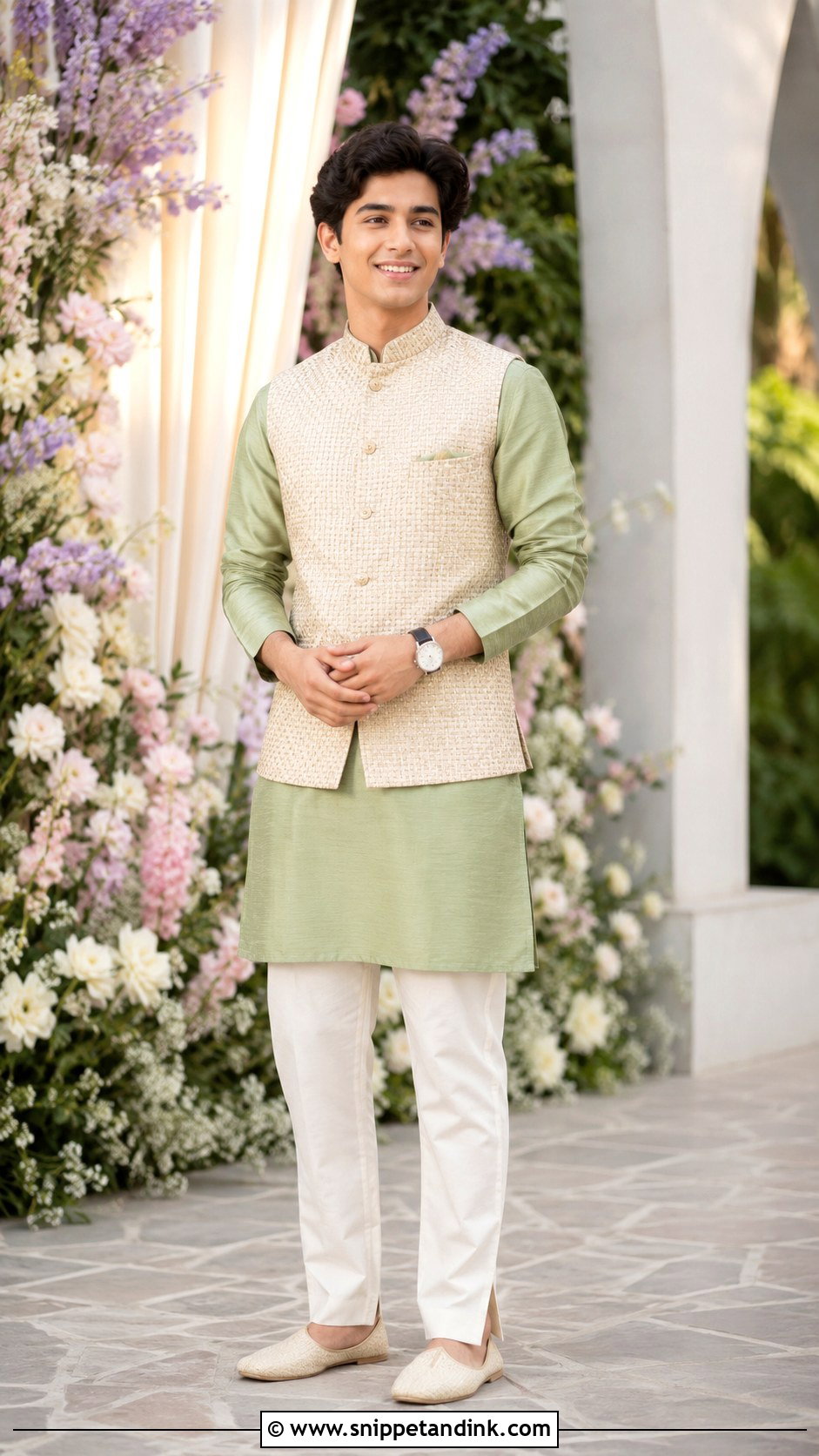 Sage Green Kurta With Beige Jacket - Snippet and Ink - 20 Boys Sangeet Outfit Ideas