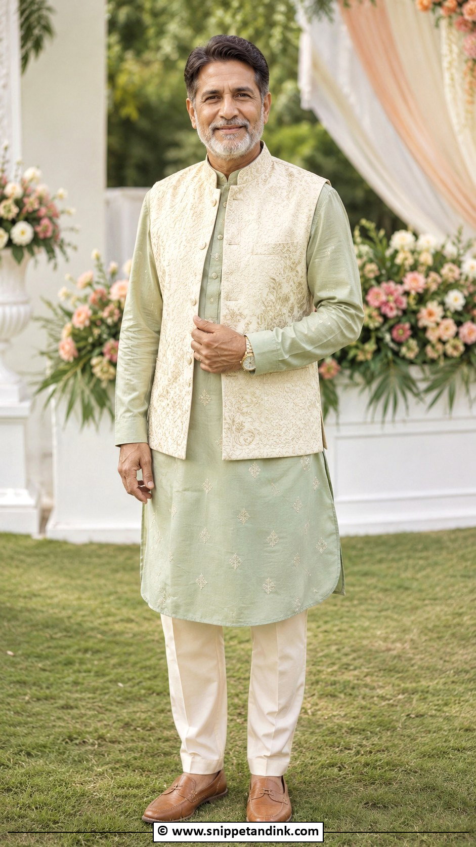 Sage Green Kurta With Embroidered Jacket - Snippet and Ink - 25 Indian Bride's Father Outfit Ideas