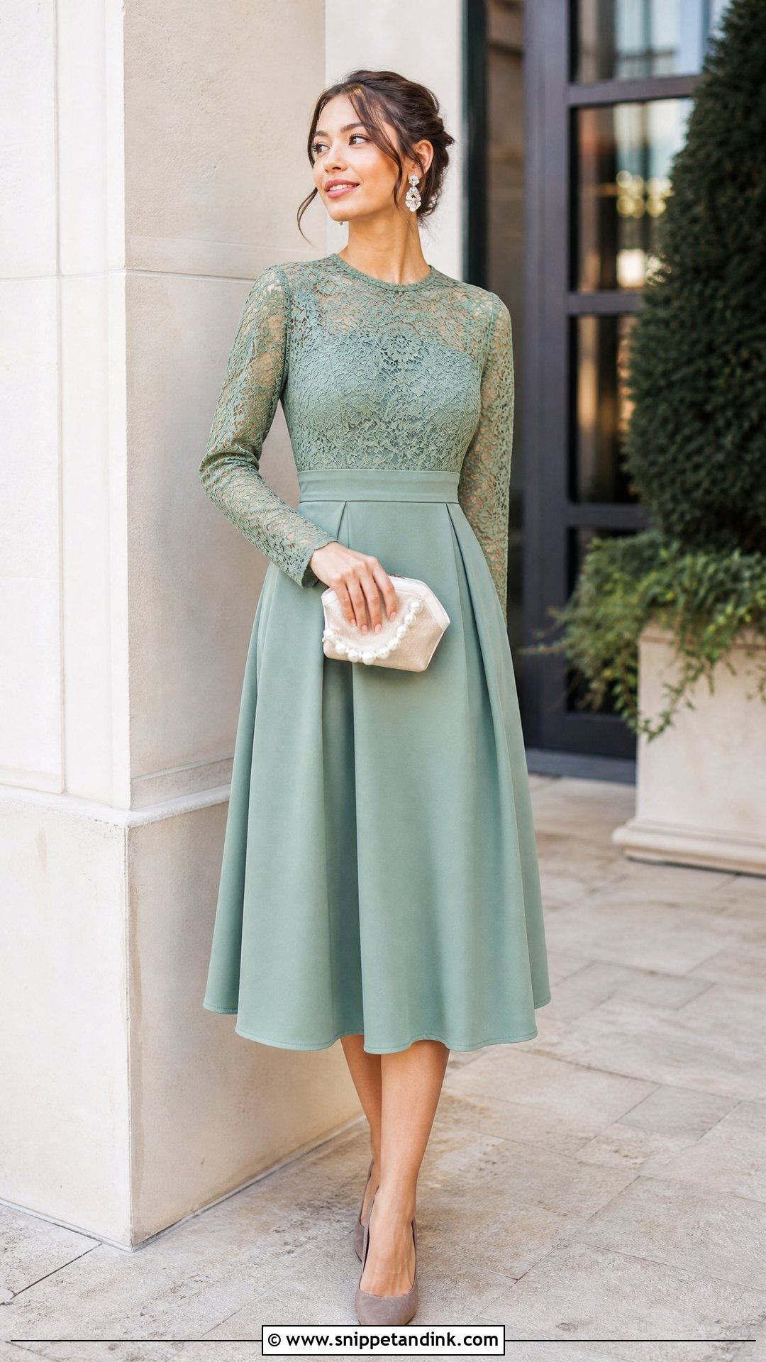 Sage Green Lace Sleeve Midi Dress Wedding Outfit - Snippet and Ink - 20 Sage Green Wedding Outfit Ideas