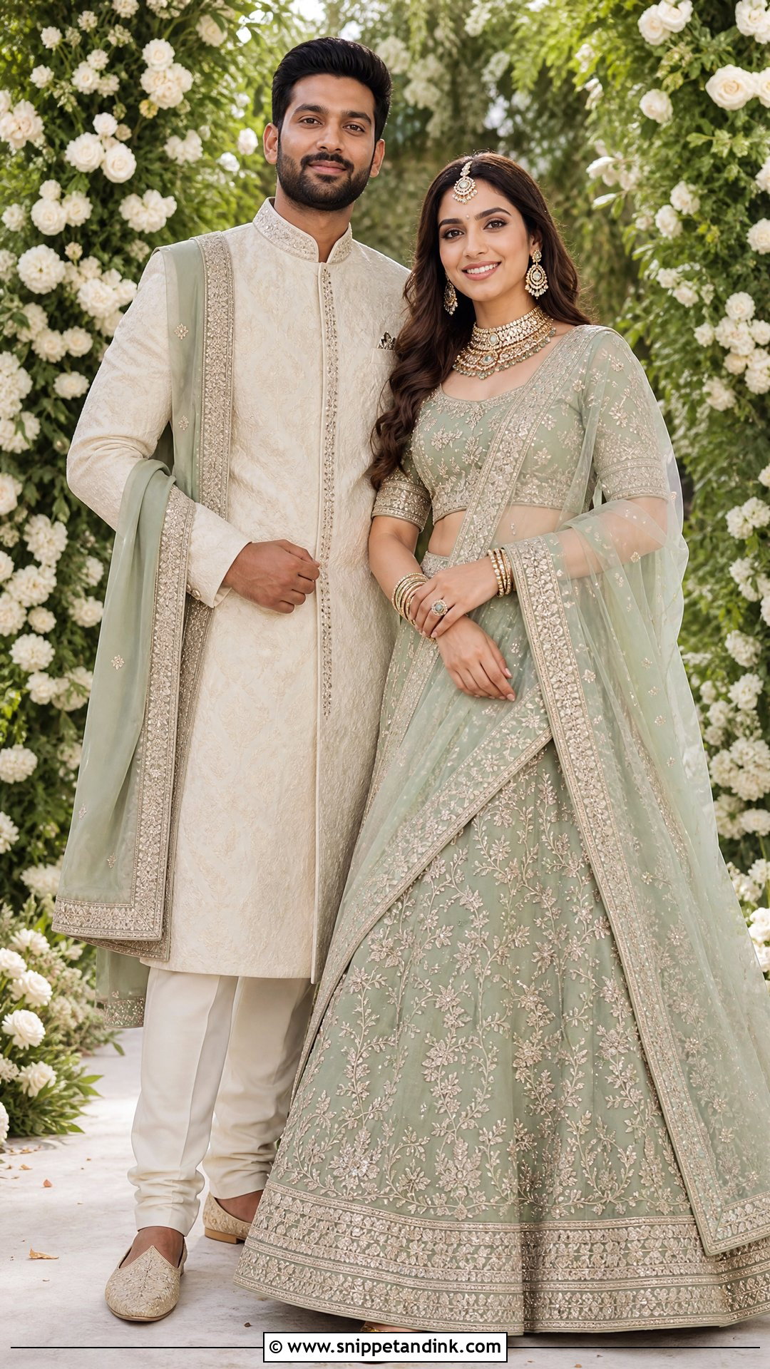 Sage Green Lehenga And Cream Sherwani - Snippet and Ink - 25 Indian Wedding Couple Dress Ideas