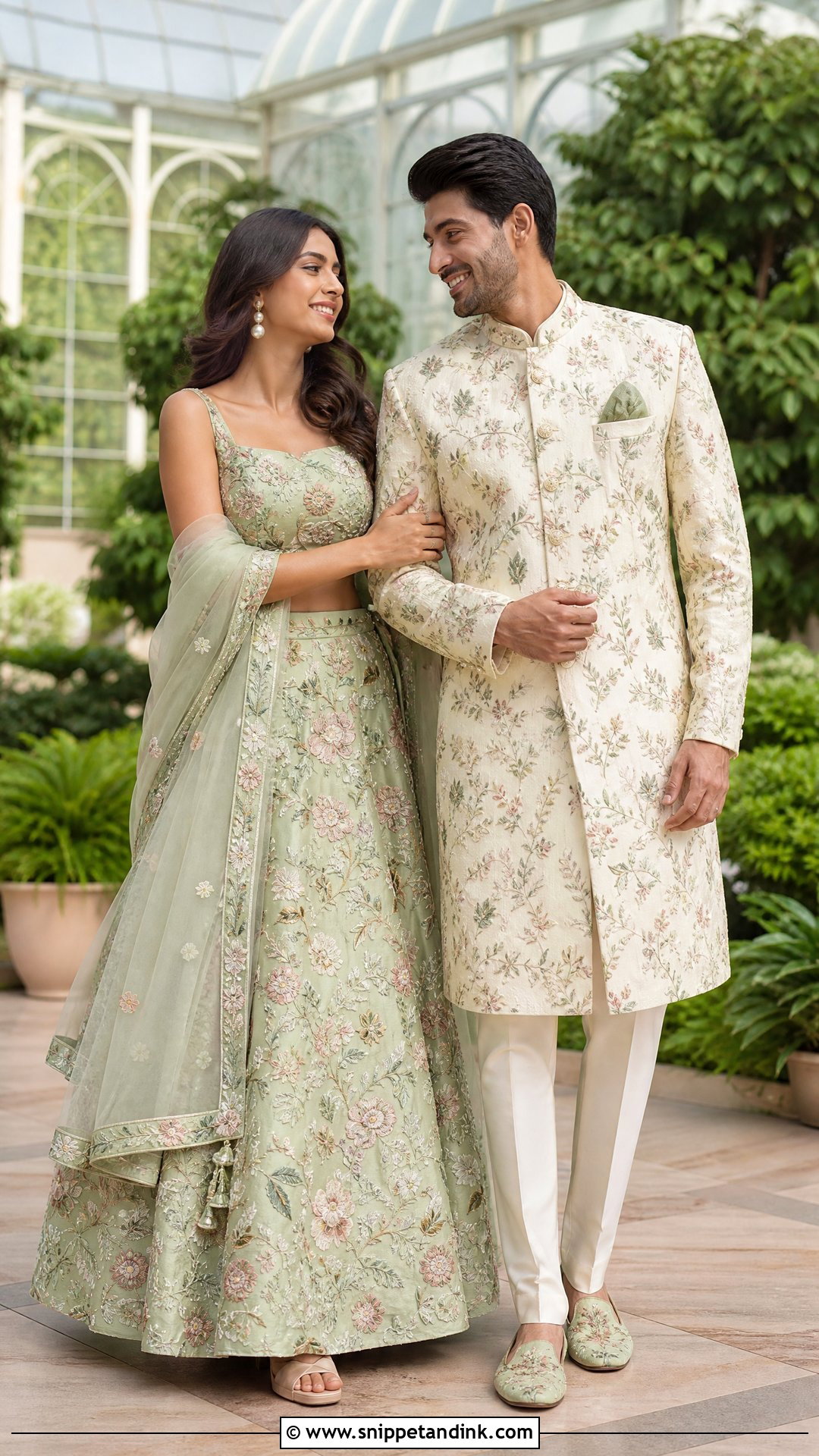 Sage Green Lehenga And Floral Achkan Sangeet Couple Outfit - Snippet and Ink - 20 Sangeet Outfit for Couple Ideas