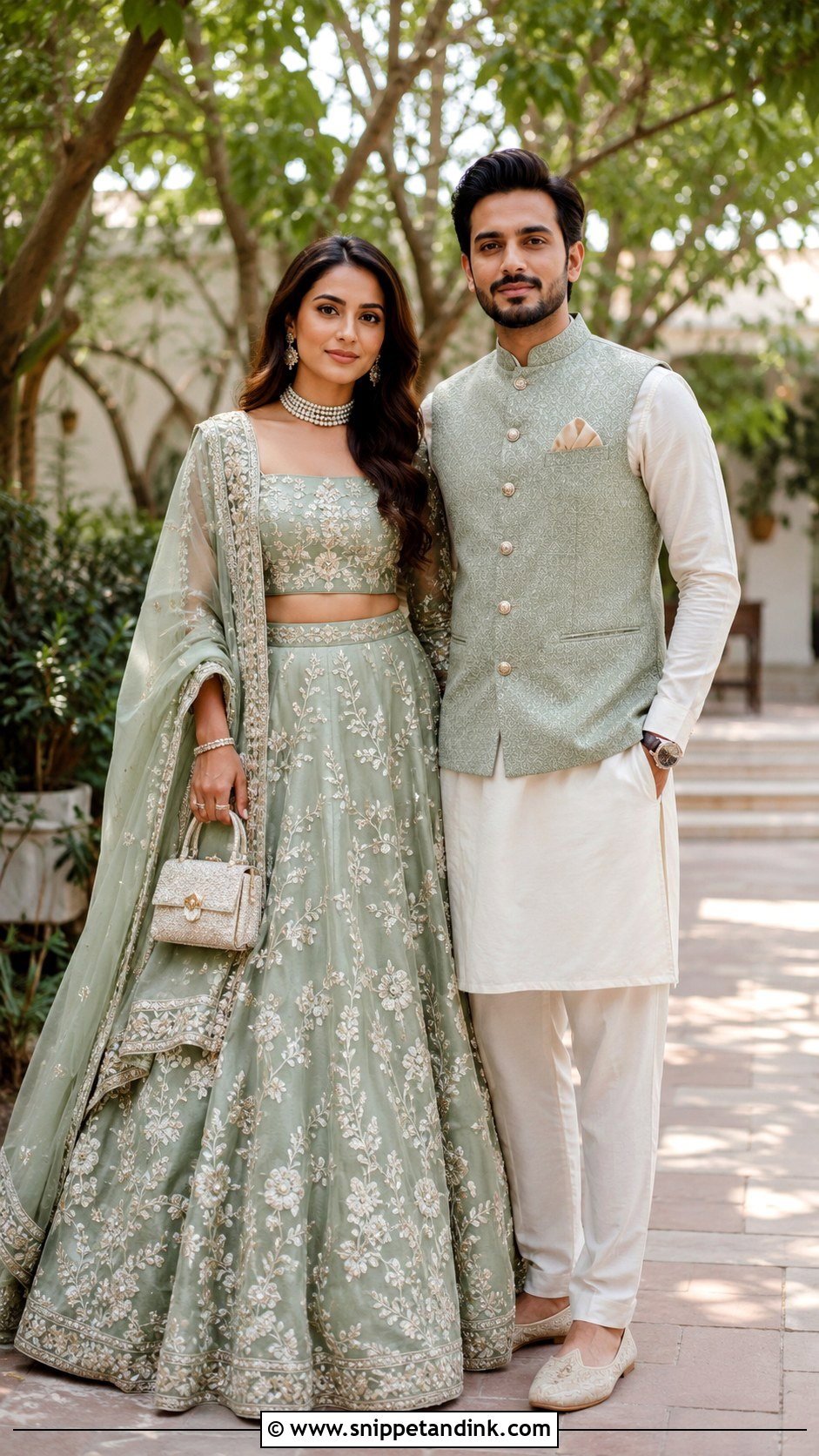 Sage Green Lehenga And Ivory Kurta Indian Wedding Outfit - Snippet and Ink - 20 Indian Wedding Matching Outfits